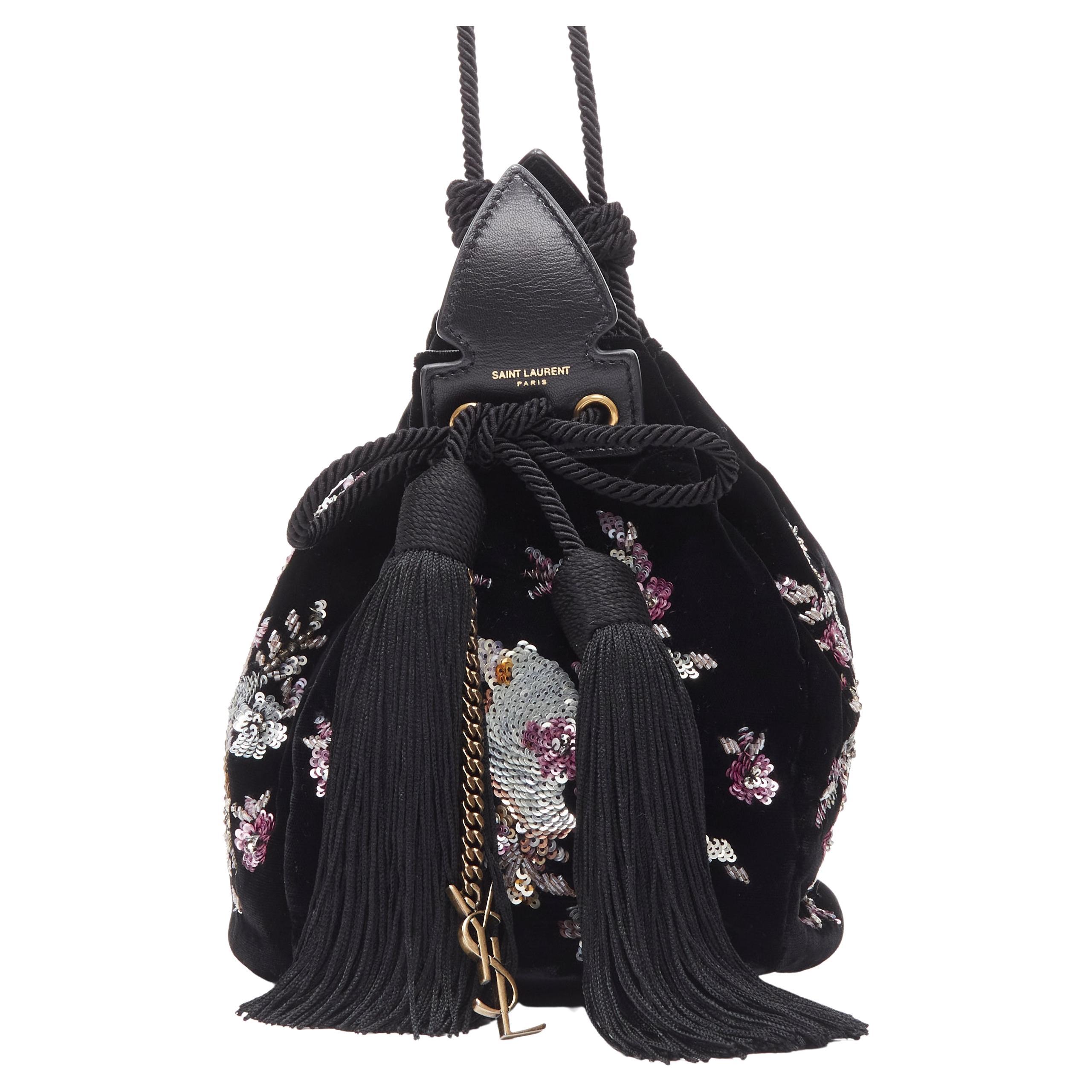 new SAINT LAURENT black velvet pink silver cherry blossom sequins bucket bag