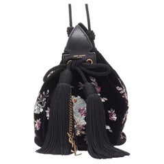 new SAINT LAURENT black velvet pink silver cherry blossom sequins bucket bag
