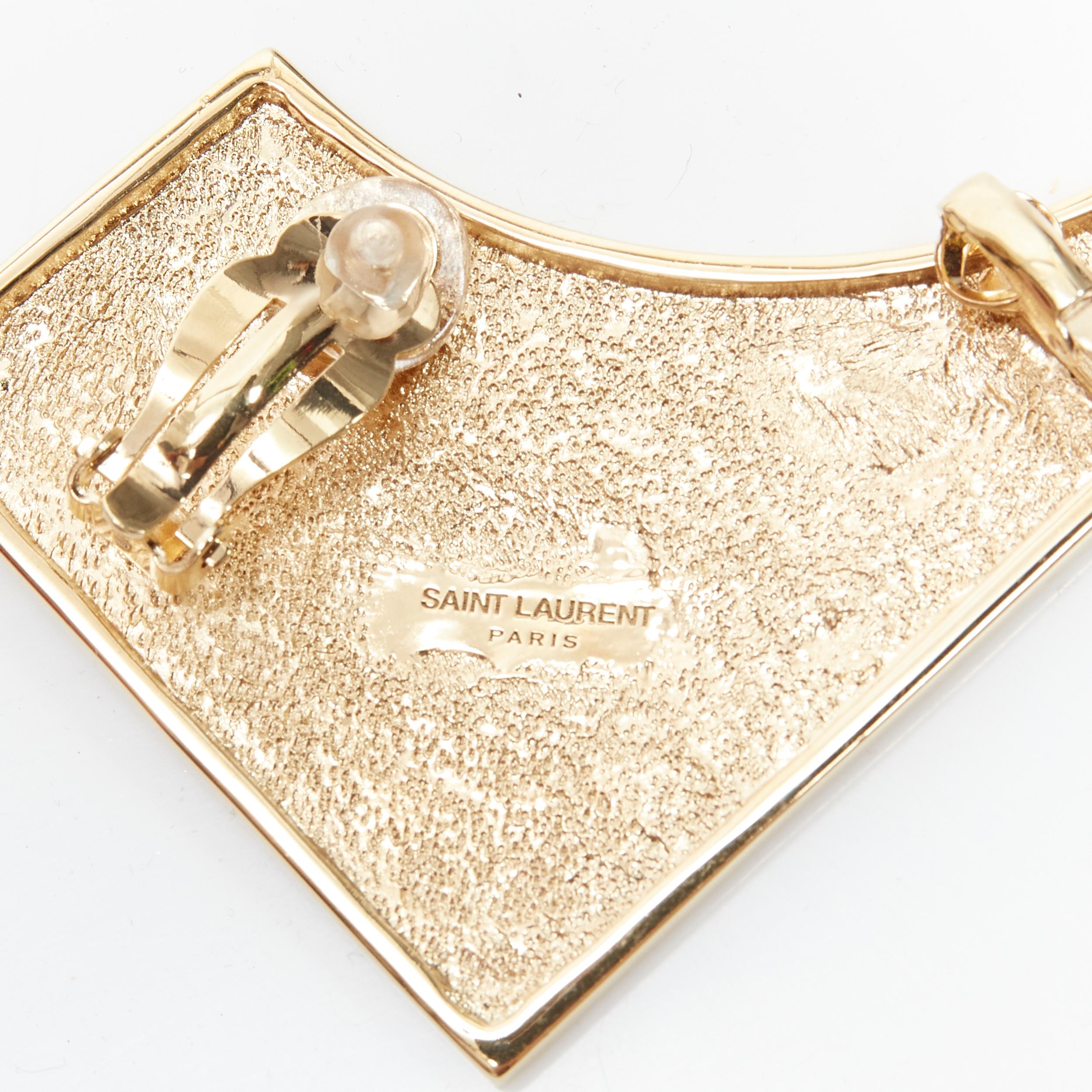new SAINT LAURENT Bo Carre gold tone antique metal contour disc clip on earrings 2