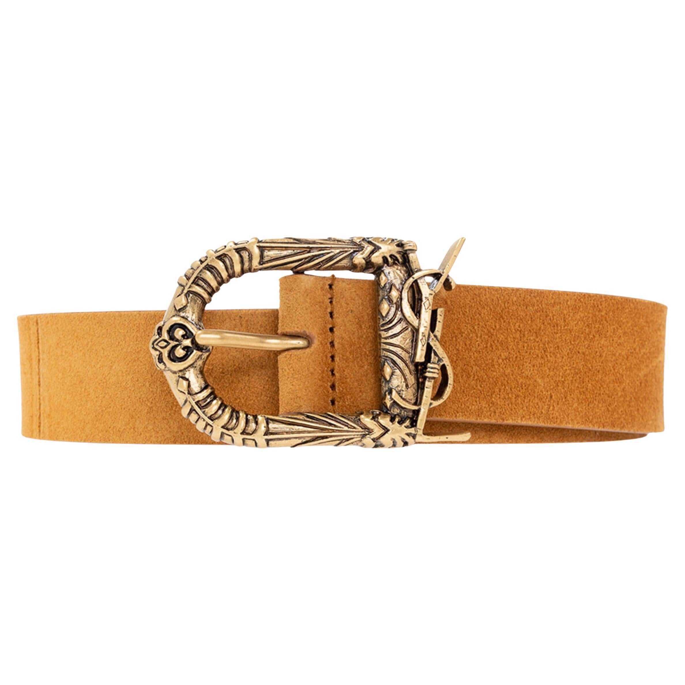 Saint Laurent Suede Square-Buckle Monogram Logo Belt - Brown