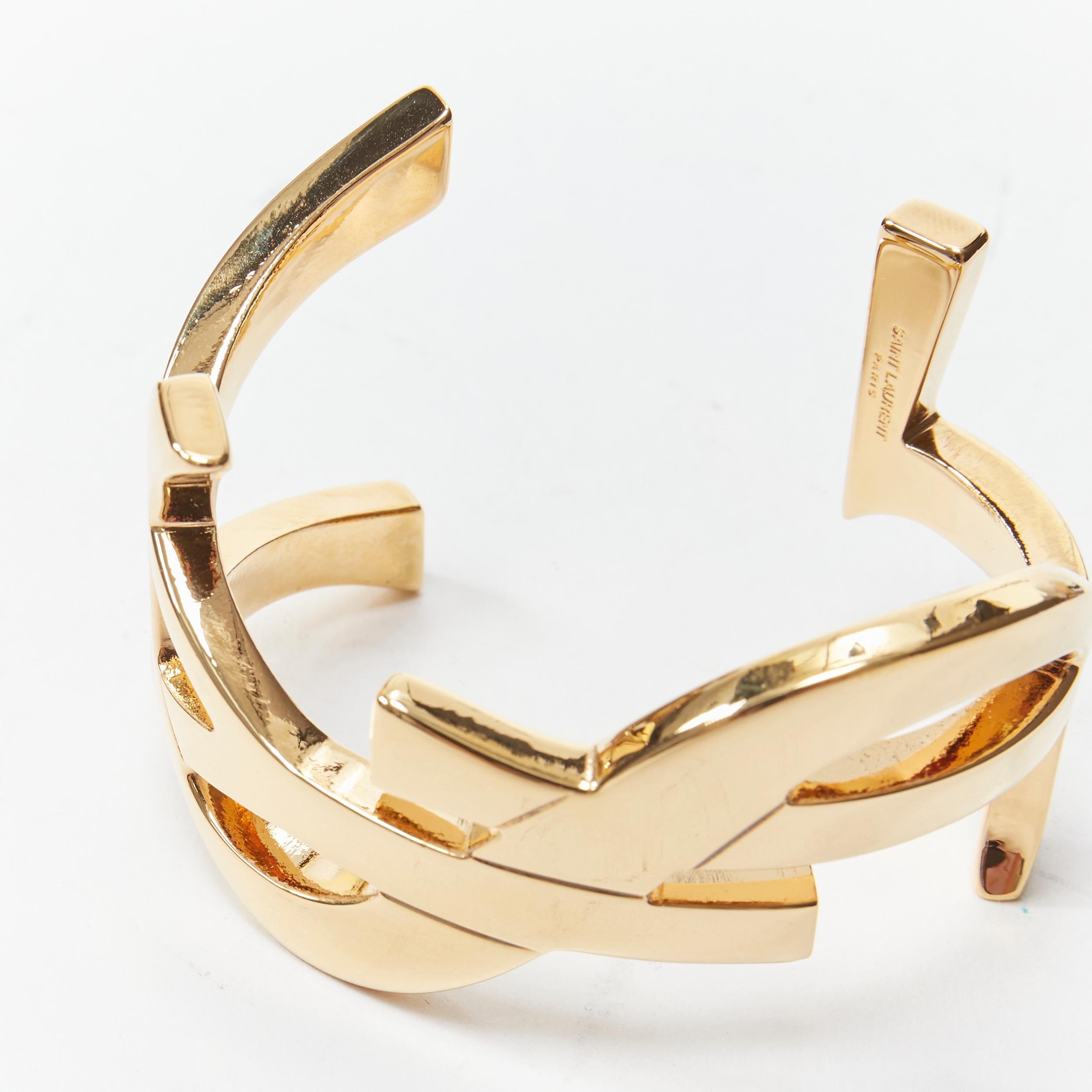 new SAINT LAURENT Cassandre gold brass metal YSL monogram logo cuff bracelet 1