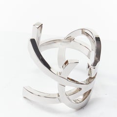 new SAINT LAURENT Cassandre silver brass metal YSL monogram logo cuff bracelet