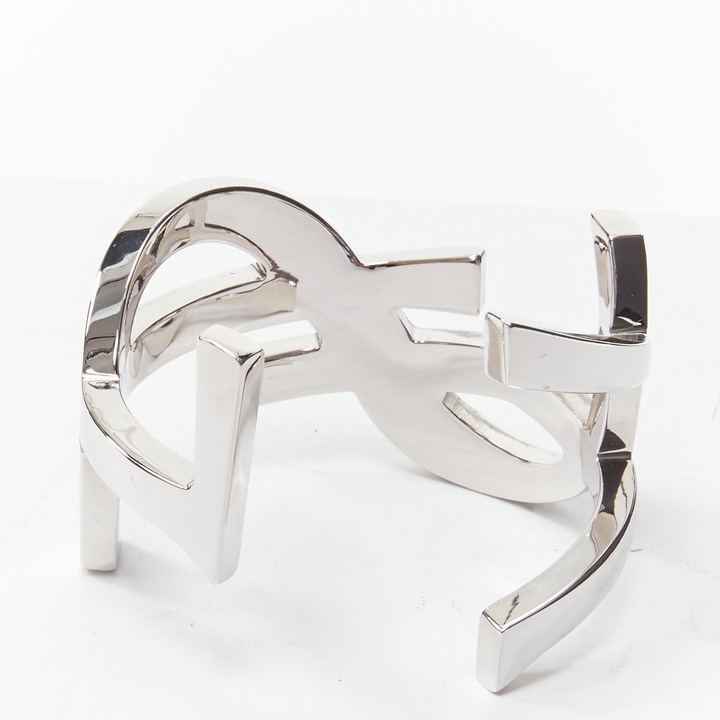 Silver new SAINT LAURENT Cassandre silver brass metal YSL monogram logo cuff bracelet