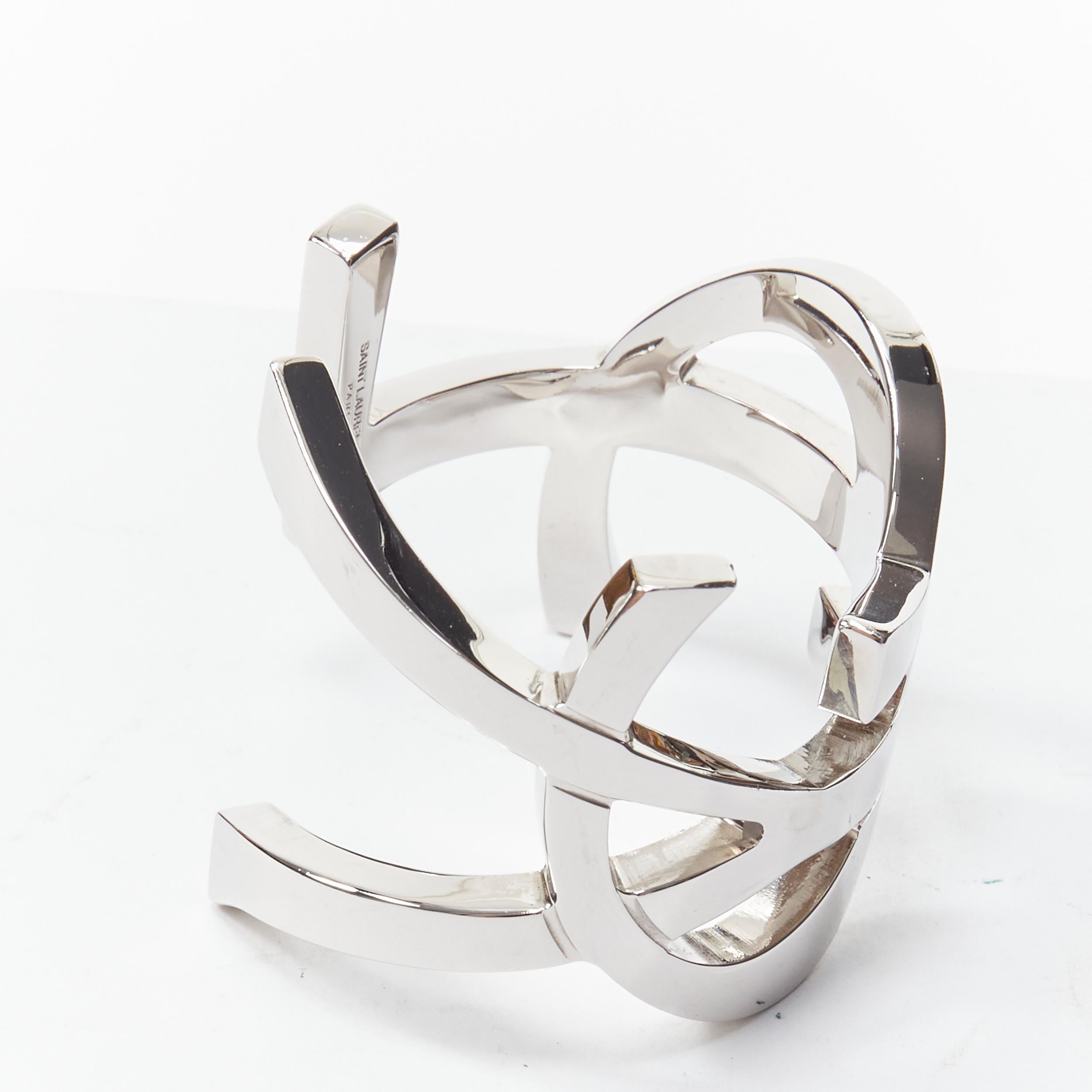 Women's new SAINT LAURENT Cassandre silver brass metal YSL monogram logo cuff bracelet