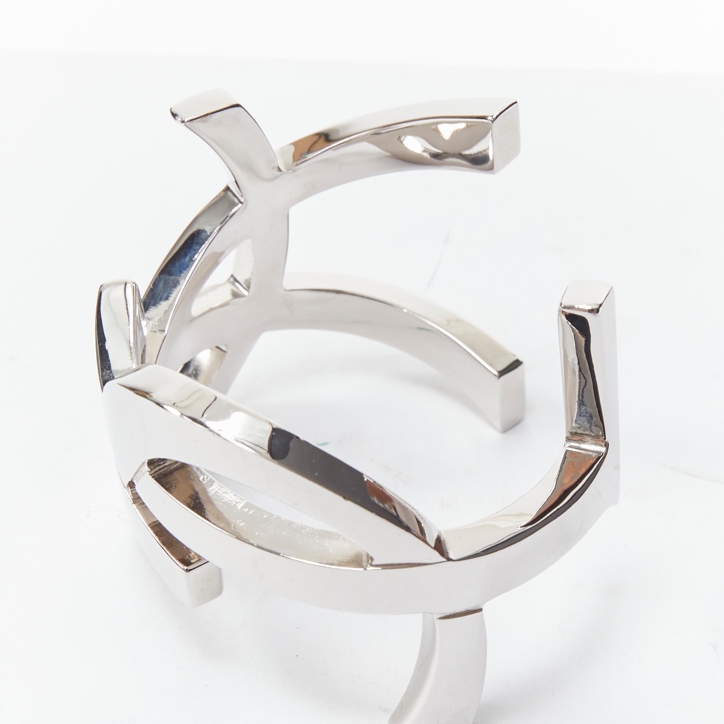 new SAINT LAURENT Cassandre silver brass metal YSL monogram logo cuff bracelet 2
