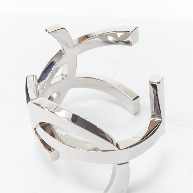 new SAINT LAURENT Cassandre silver brass metal YSL monogram logo cuff bracelet For Sale 1