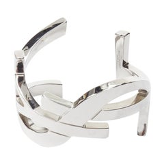 new SAINT LAURENT Cassandre silver brass metal YSL monogram logo cuff bracelet