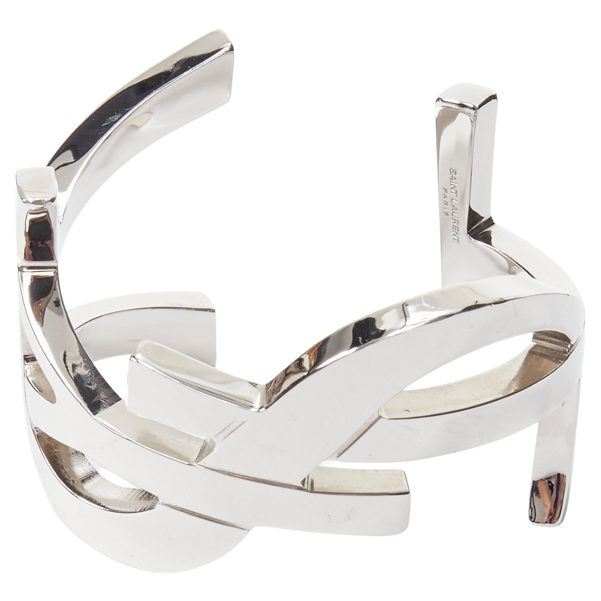 new SAINT LAURENT Cassandre silver brass metal YSL monogram logo cuff bracelet