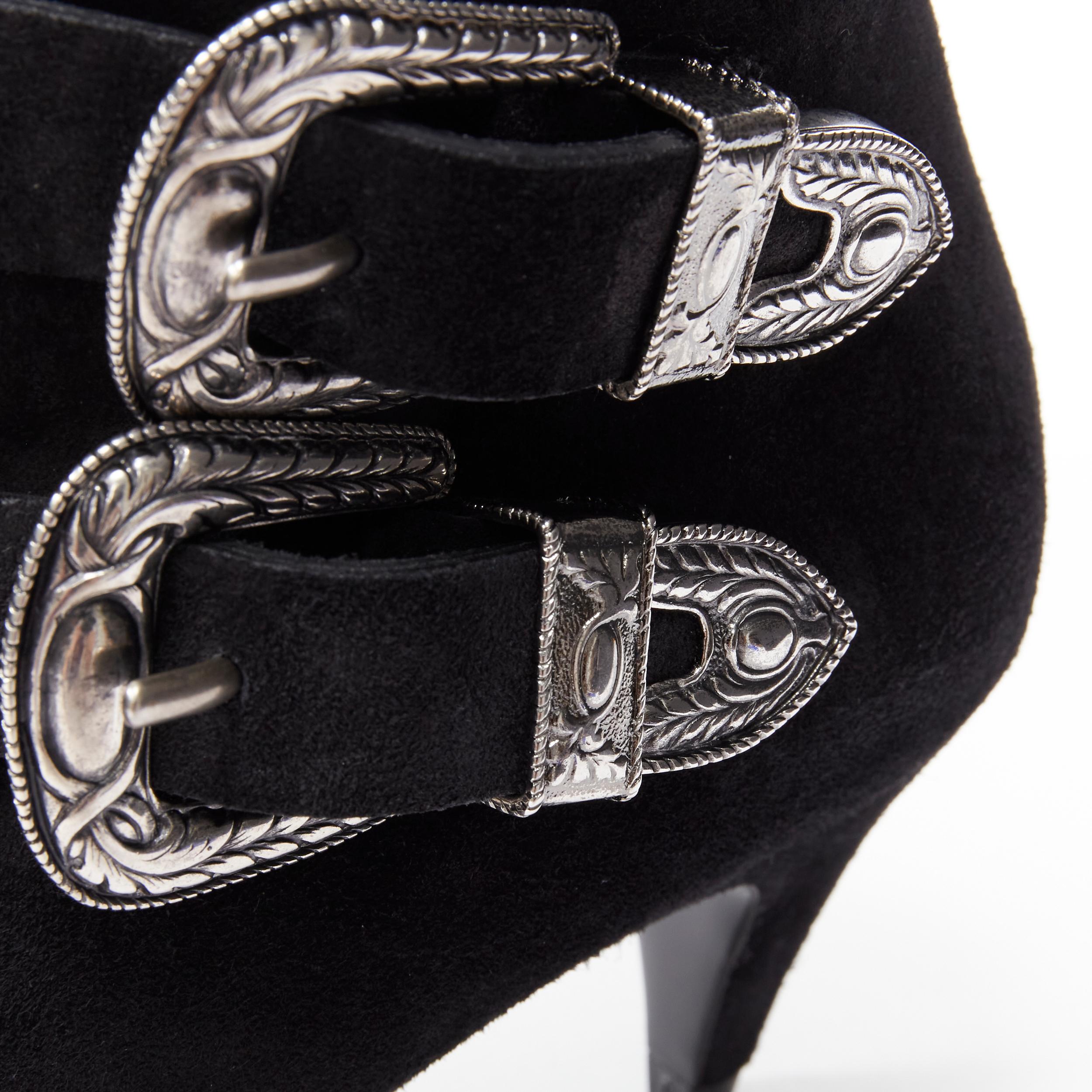 new SAINT LAURENT Charlotte 55 black suede silver western buckle ankle boot EU37 
Reference: TGAS/B01766 
Brand: Saint Laurent 
Material: Suede 
Color: Black 
Pattern: Solid 
Closure: Zip 
Extra Detail: Western design double buckle. Zip closure.