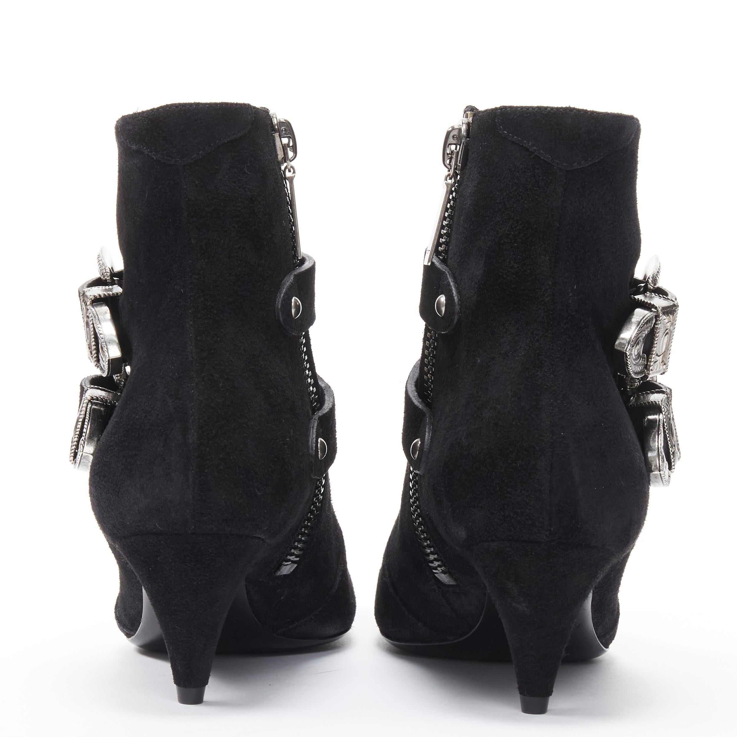 new SAINT LAURENT Charlotte 55 black suede silver western buckle ankle boot EU37 For Sale 1