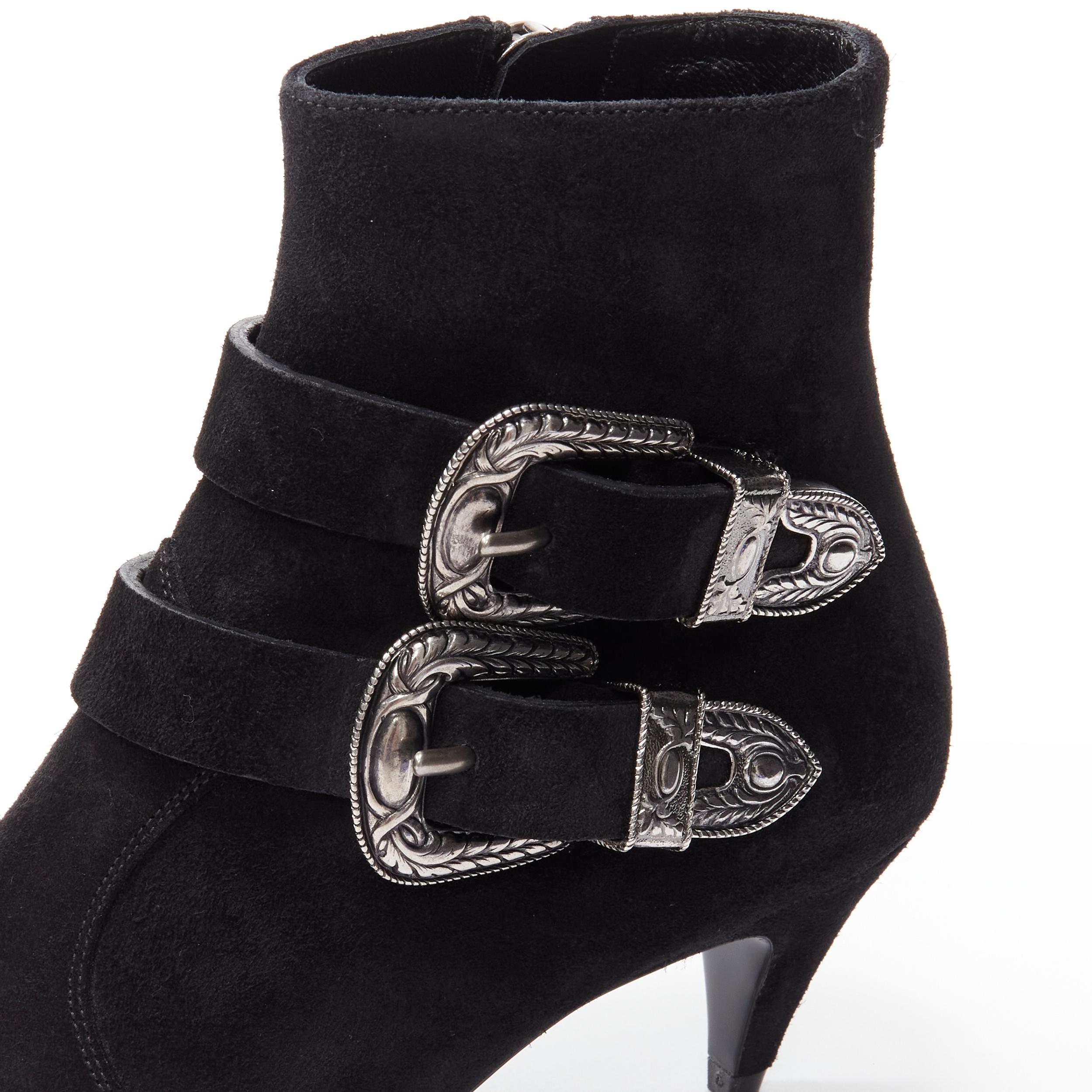 new SAINT LAURENT Charlotte 55 black suede silver western buckle ankle boot EU37 For Sale 3