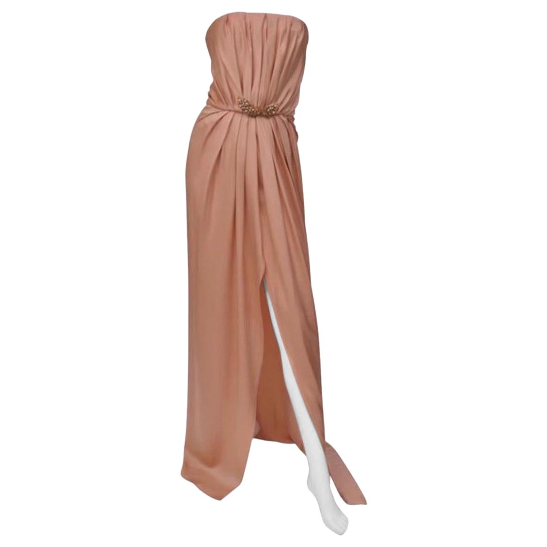 New Saint Laurent Edition Soir Strapless Crystal Embellished Nude Silk Dress 6 For Sale