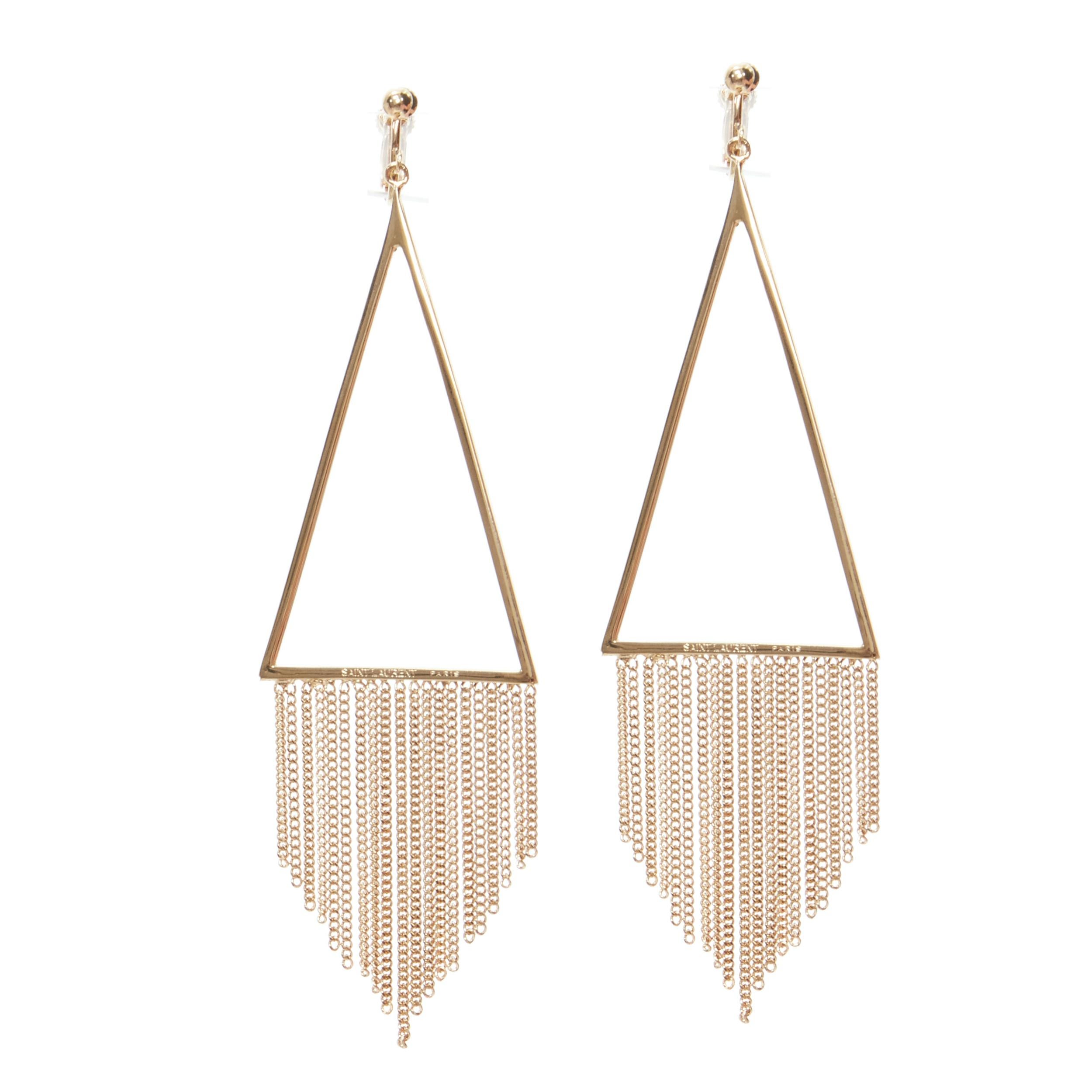 new SAINT LAURENT gold tone metal triangle chain tassel clip on earring 
Reference: TGAS/B01779 
Brand: Saint Laurent 
Material: Metal 
Color: Gold 
Pattern: solid 
Extra Detail: Please note there is no YSL branding stamped on this earring.