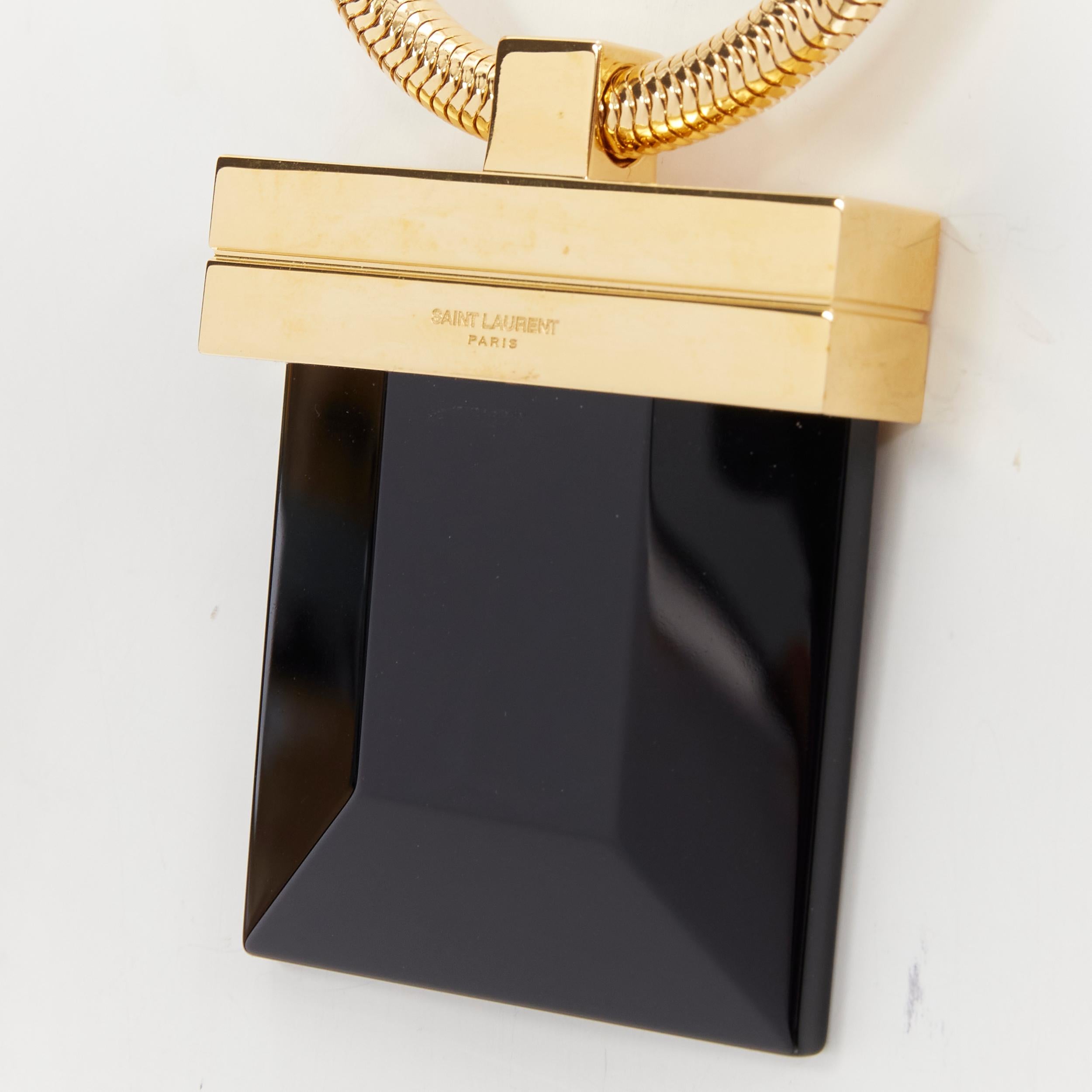 new SAINT LAURENT Hedi Slimane 2013 Opium runway black Onyx stone gold necklace 
Reference: TGAS/B01761 
Brand: Saint Laurent 
Designer: Hedi Slaimen 
Collection: 2013 Runway 
Material: Brass 
Color: Gold 
Pattern: Solid 
Closure: Clasp 
Extra