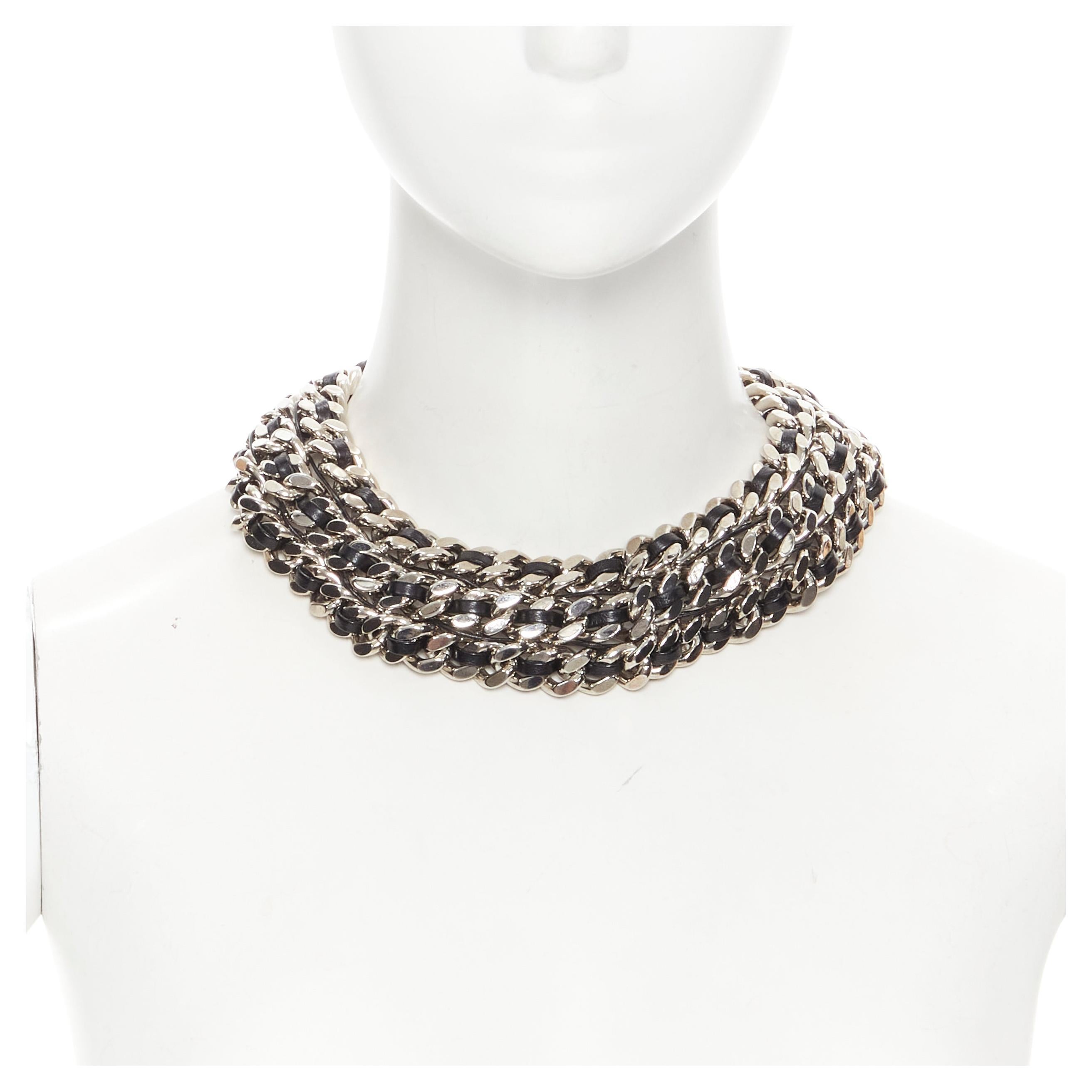 new SAINT LAURENT Hedi Slimane silver chunky chain leather trio collar necklace For Sale