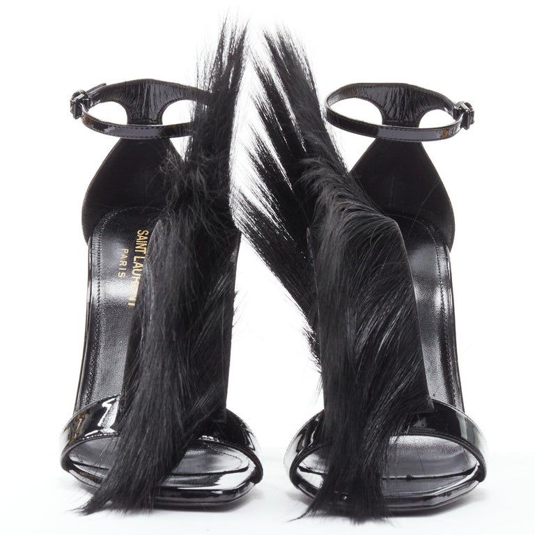 new SAINT LAURENT Jamie 110 Runway black fur mohawk patent sandals