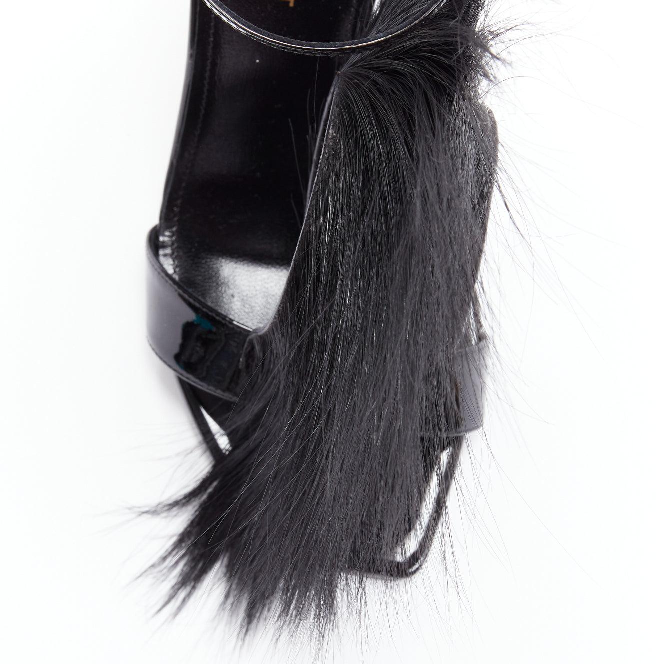 new SAINT LAURENT Jamie 110 Runway black fur mohawk patent sandals EU37 2