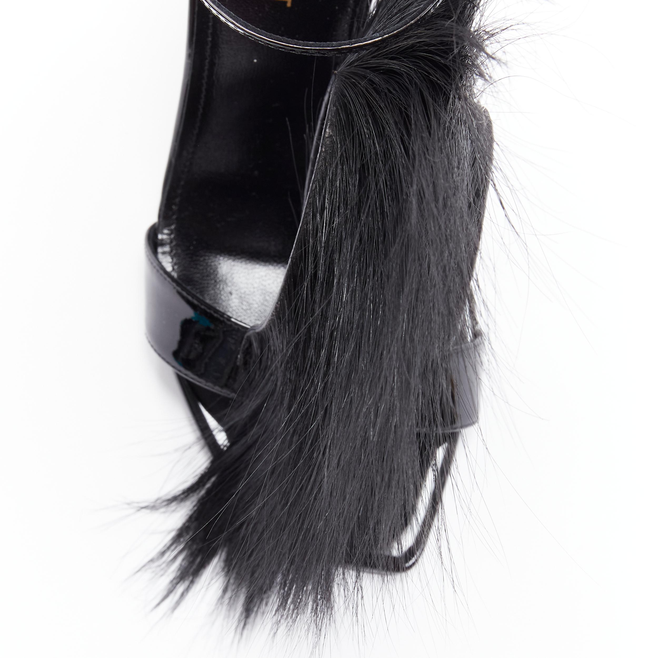 Women's new SAINT LAURENT Jamie 110 Runway black fur mohawk patent sandals EU37