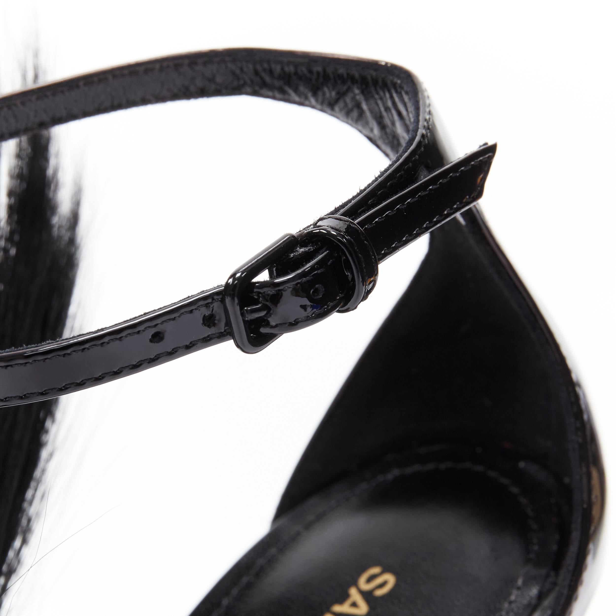 new SAINT LAURENT Jamie 110 Runway black fur mohawk patent sandals EU37 1
