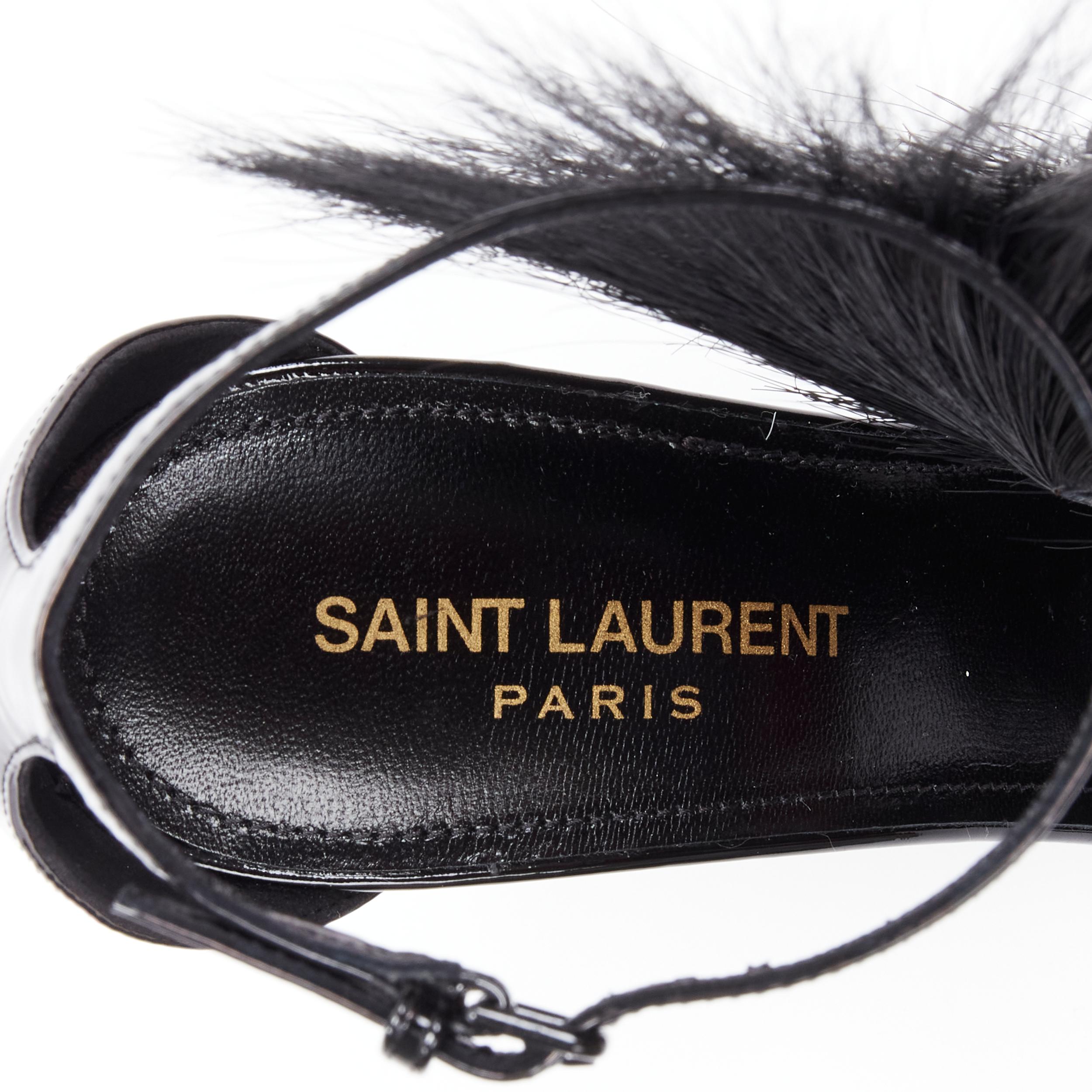 new SAINT LAURENT Jamie 110 Runway black fur mohawk patent sandals EU37 2