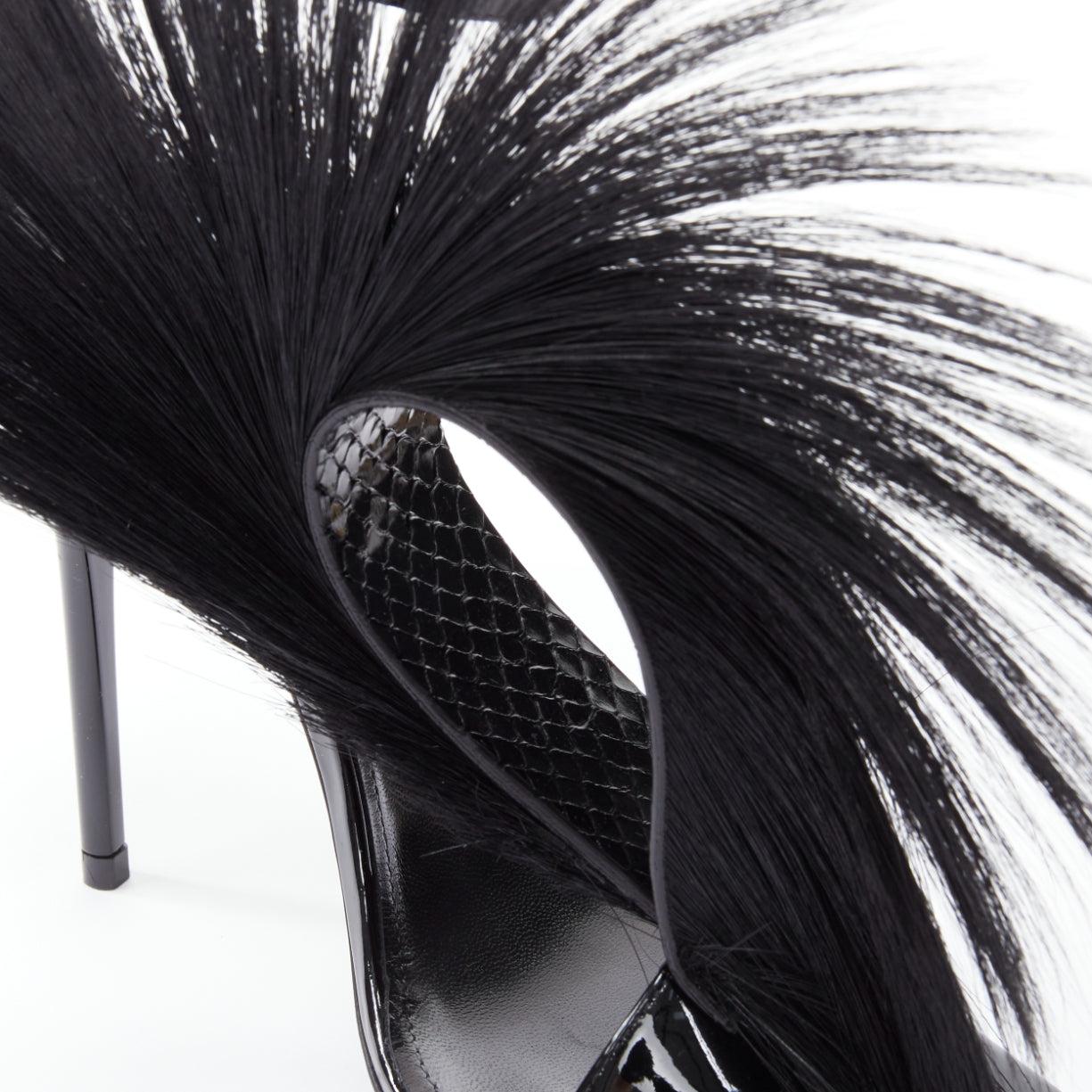 new SAINT LAURENT Jamie 110 Runway black fur mohawk patent sandals EU37 5