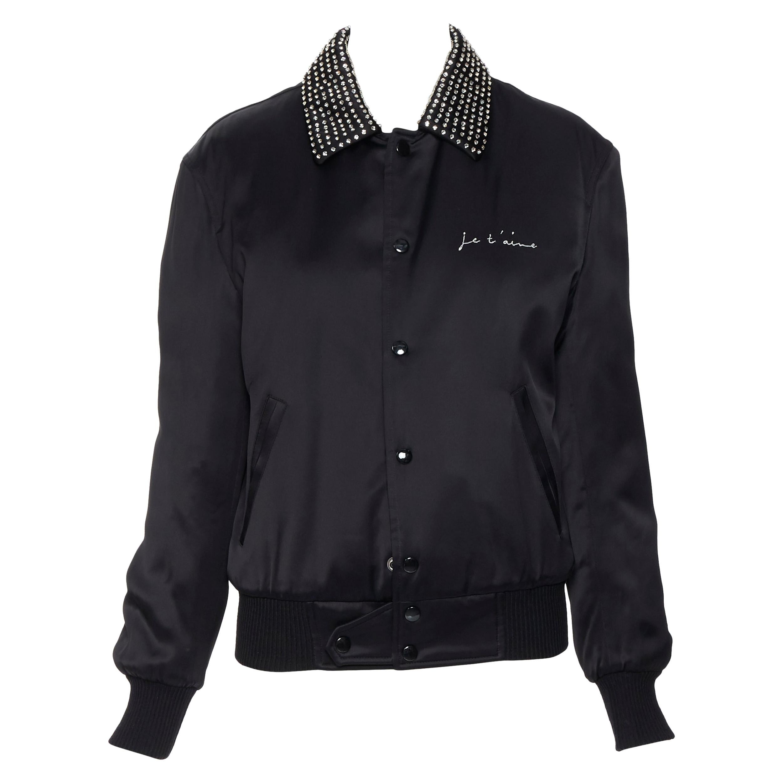 new SAINT LAURENT Je t'aime embroidery black satin strass collar Teddy bomber XS