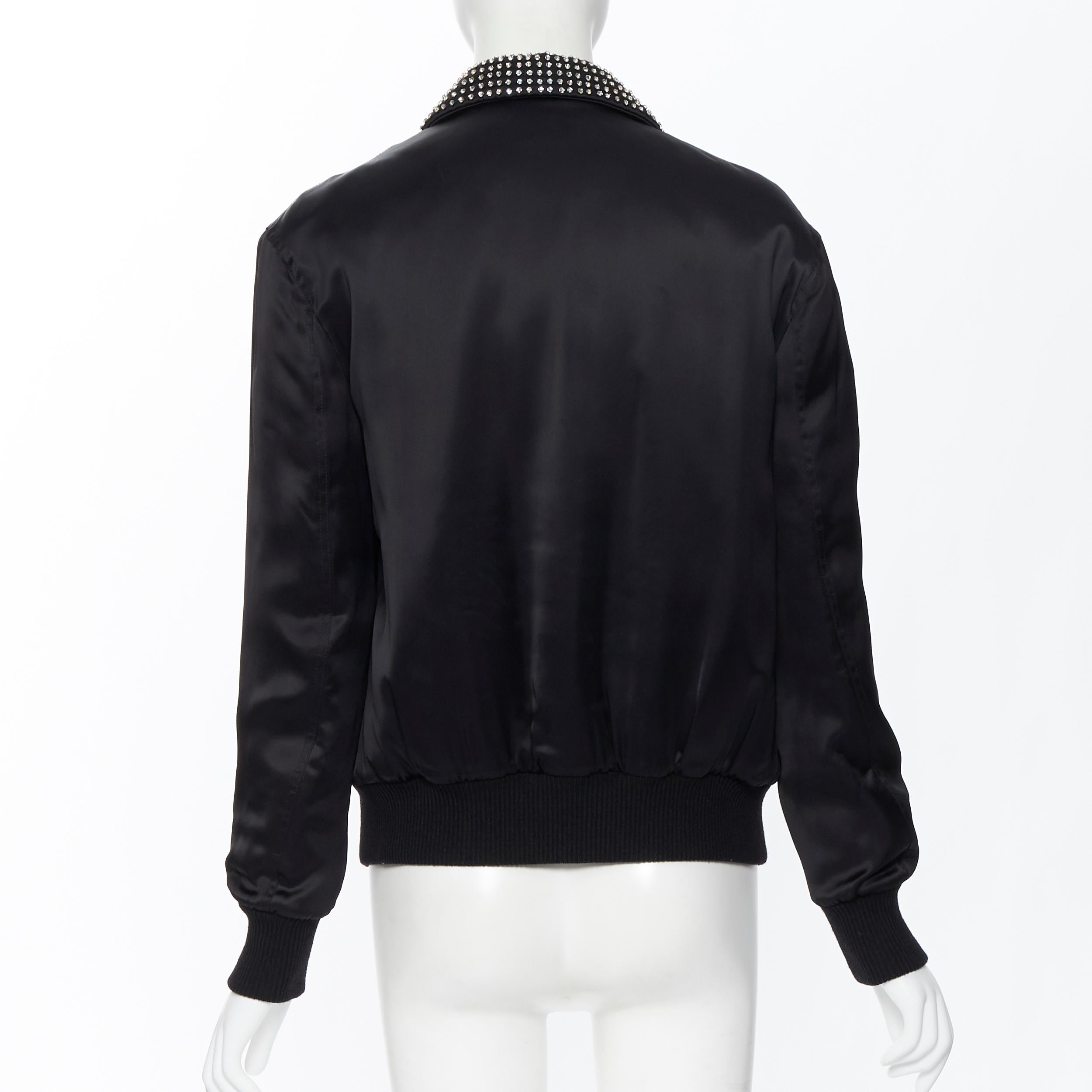 Black new SAINT LAURENT Je T'aime Teddy black satin crystal collar bomber jacket FR34 For Sale