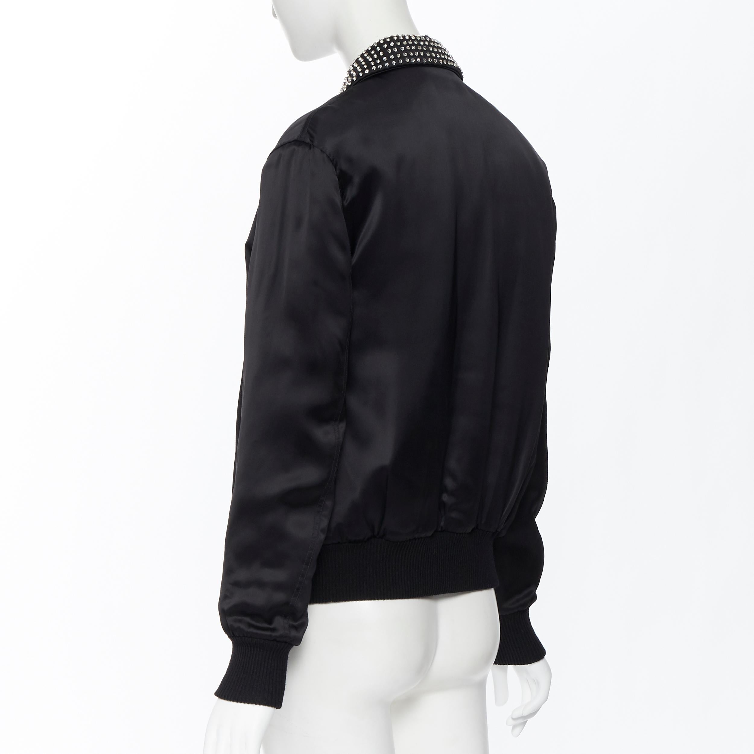 Women's new SAINT LAURENT Je T'aime Teddy black satin crystal collar bomber jacket FR34 For Sale