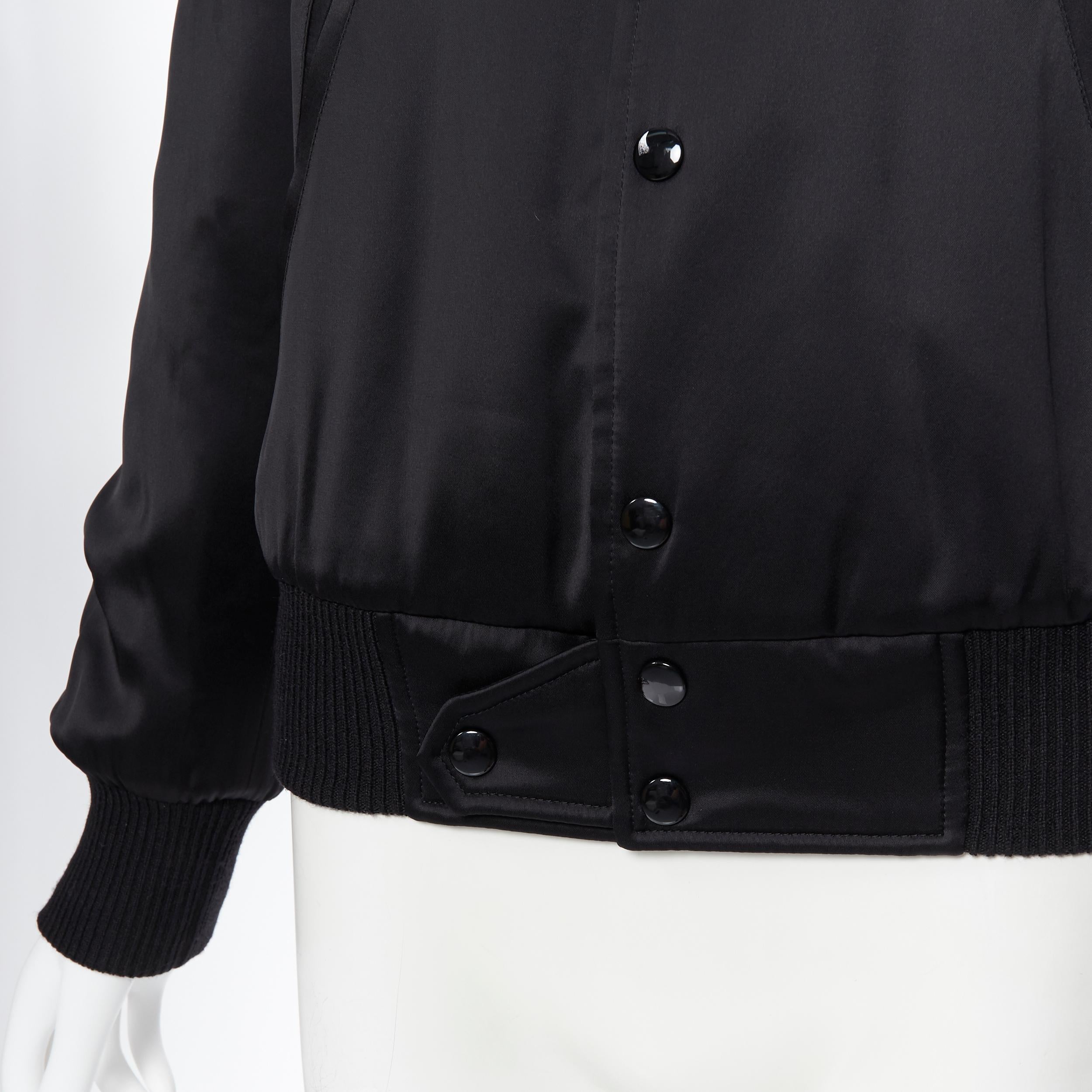 new SAINT LAURENT Je T'aime Teddy black satin crystal collar bomber jacket FR34 For Sale 2