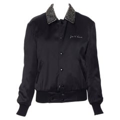 new SAINT LAURENT Je T'aime Teddy black satin crystal collar bomber jacket FR34