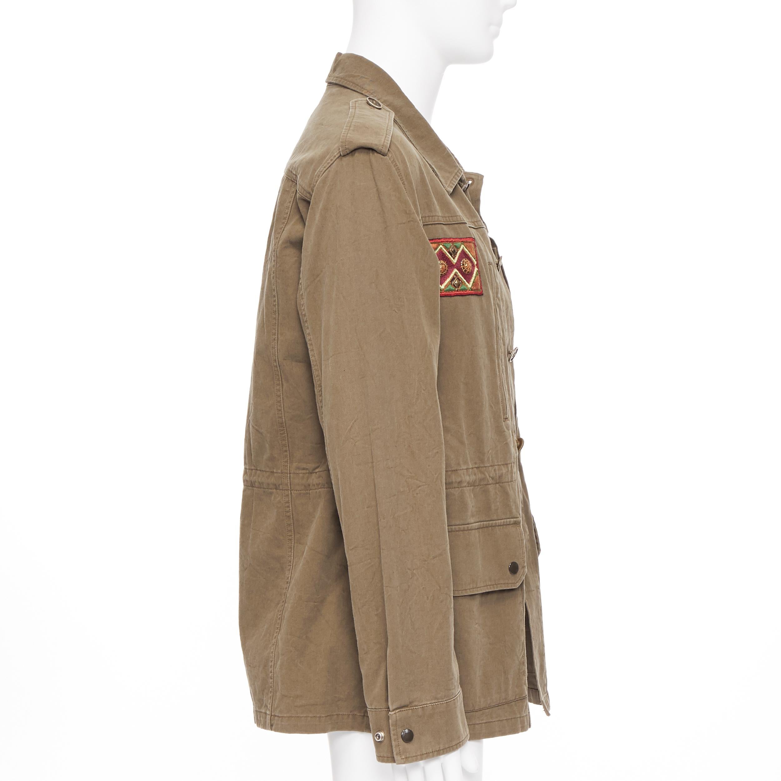 Beige new SAINT LAURENT khaki green cotton ethnic embroidery safari coat jacket FR50 L For Sale