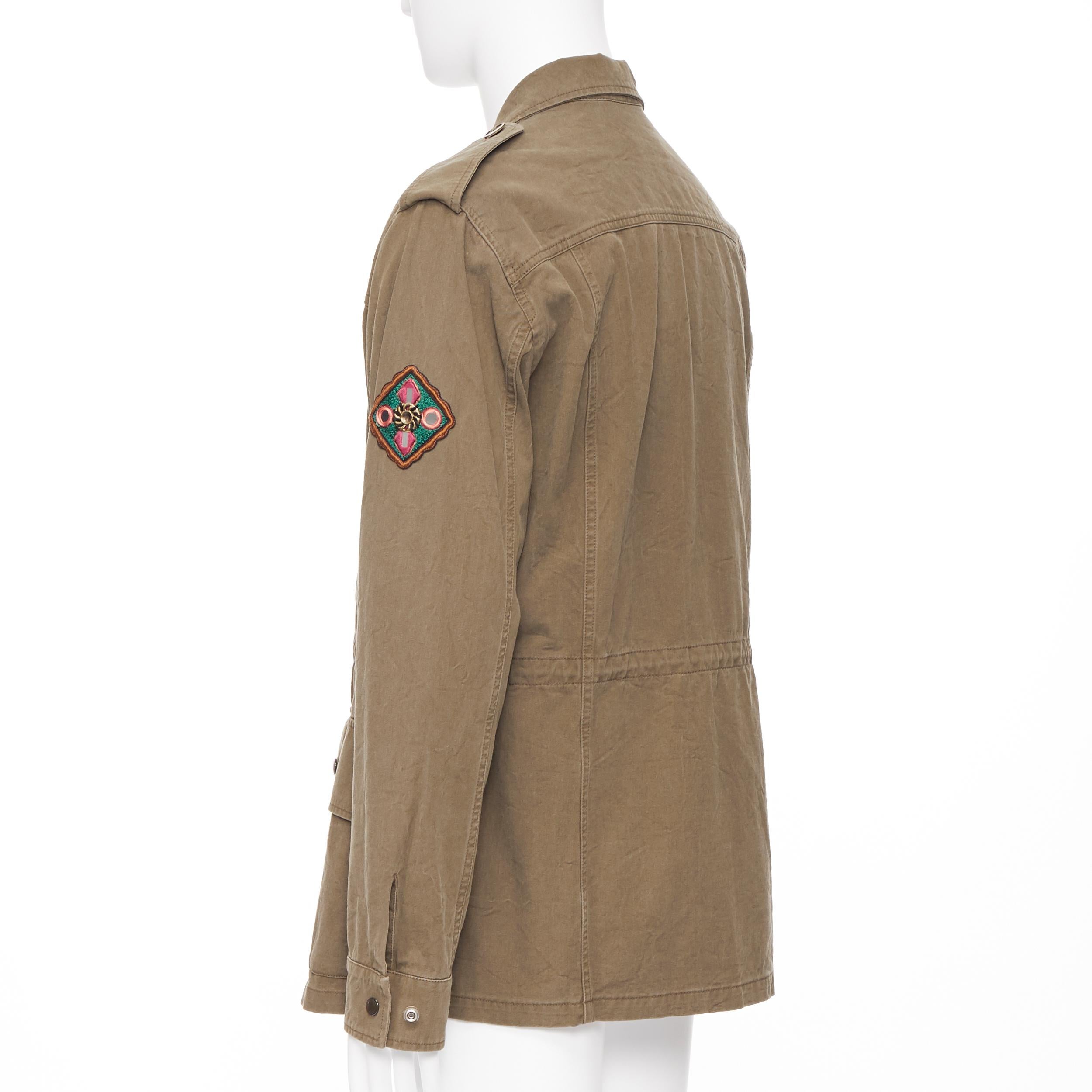 new SAINT LAURENT khaki green cotton ethnic embroidery safari coat jacket FR50 L For Sale 1