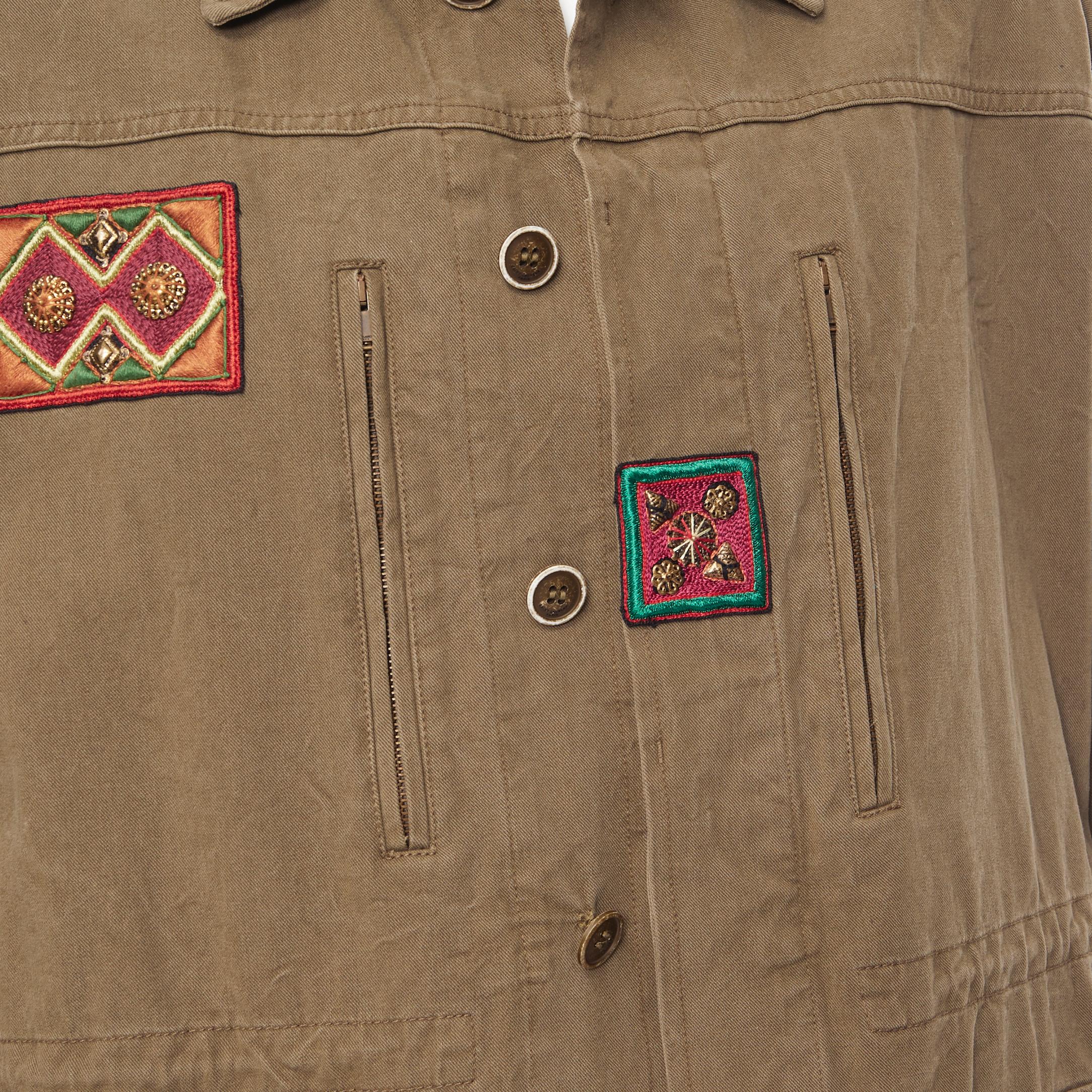 new SAINT LAURENT khaki green cotton ethnic embroidery safari coat jacket FR50 L 3