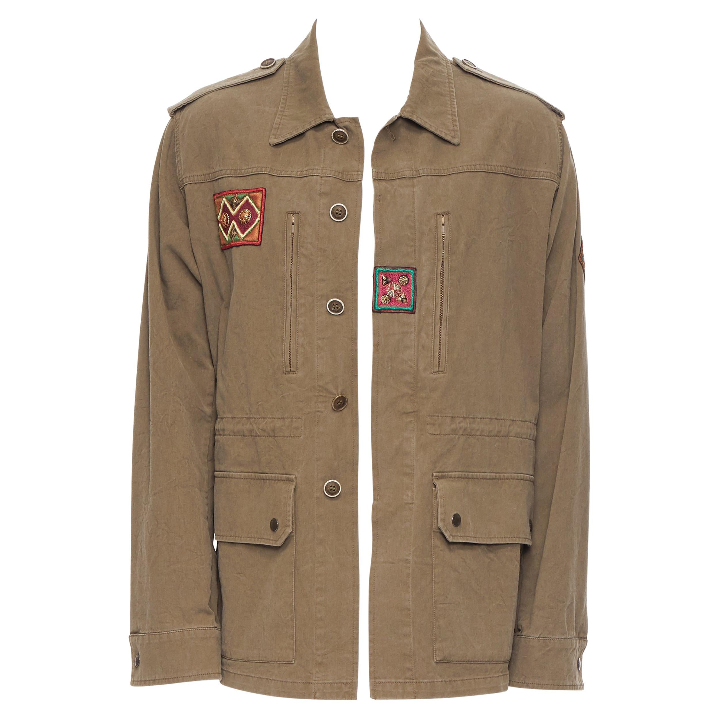 new SAINT LAURENT khaki green cotton ethnic embroidery safari coat jacket FR50 L