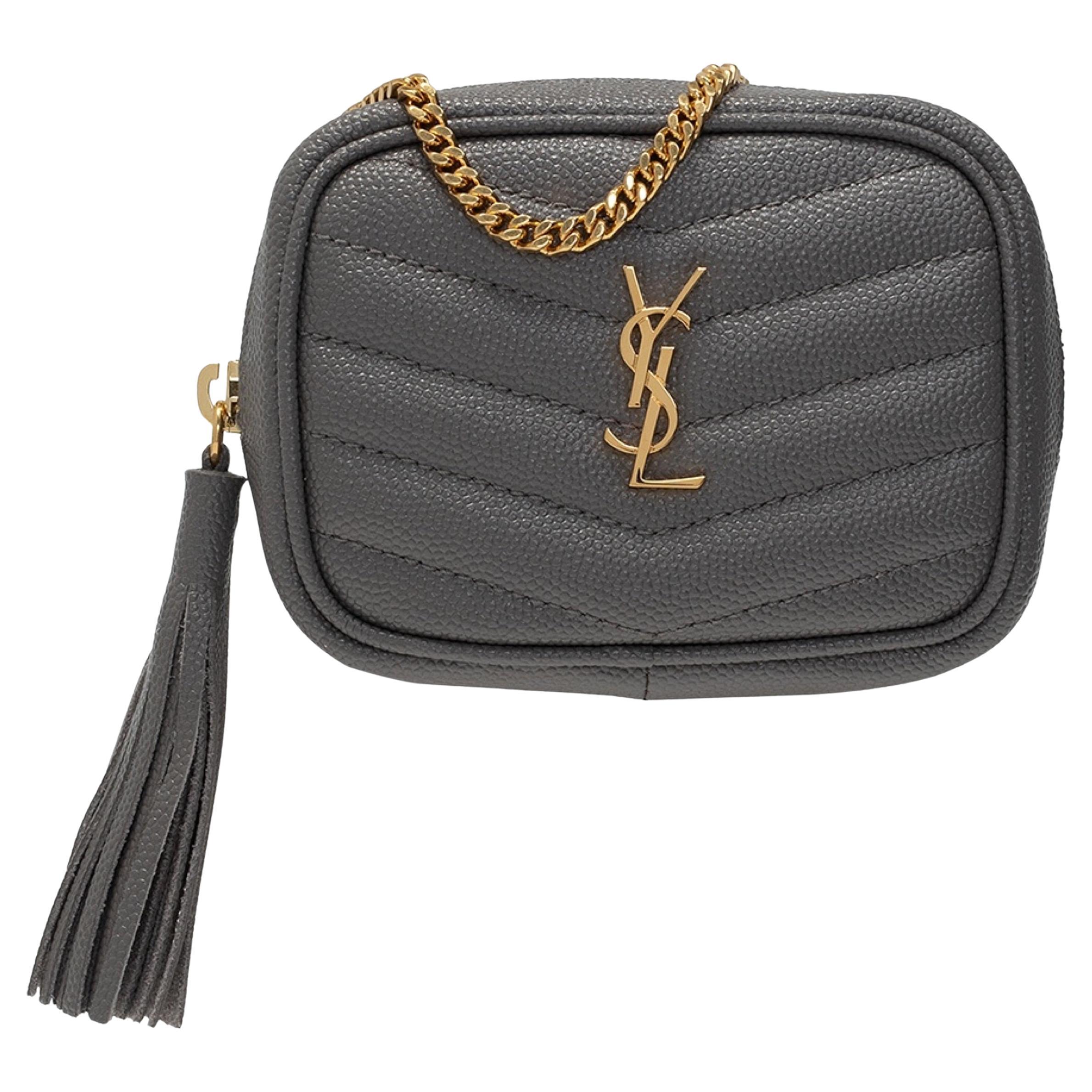 NEW Saint Laurent Light Grey Mini Quilted Leather Crossbody Bag For