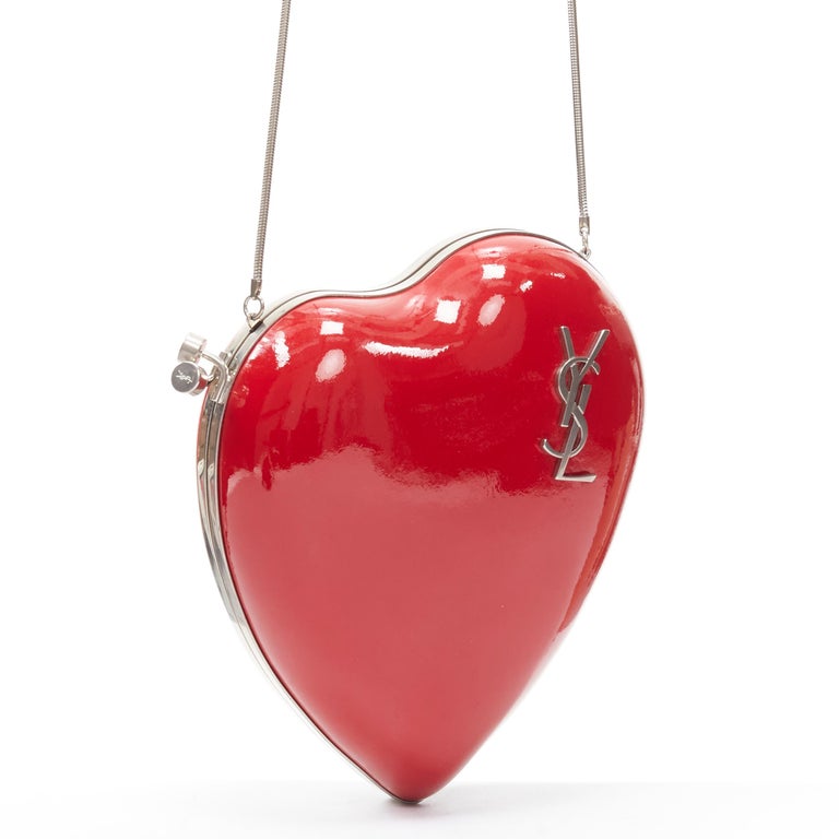 new SAINT LAURENT Love Box red patent silver YSL logo heart box