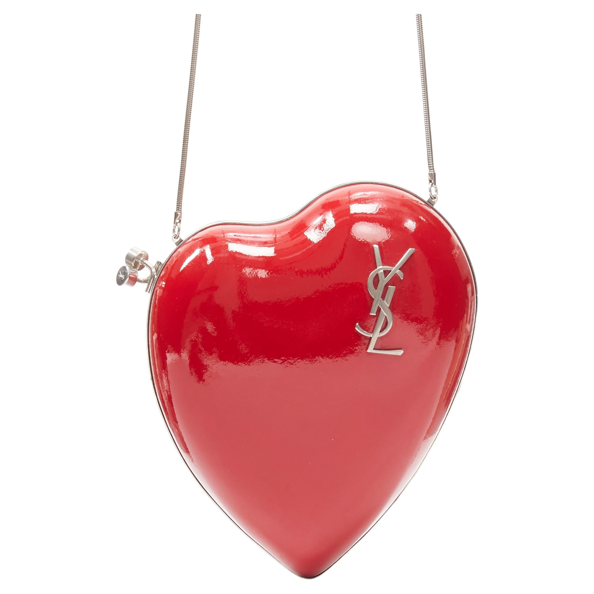 new SAINT LAURENT Love Box red patent silver YSL logo heart box chain clutch bag