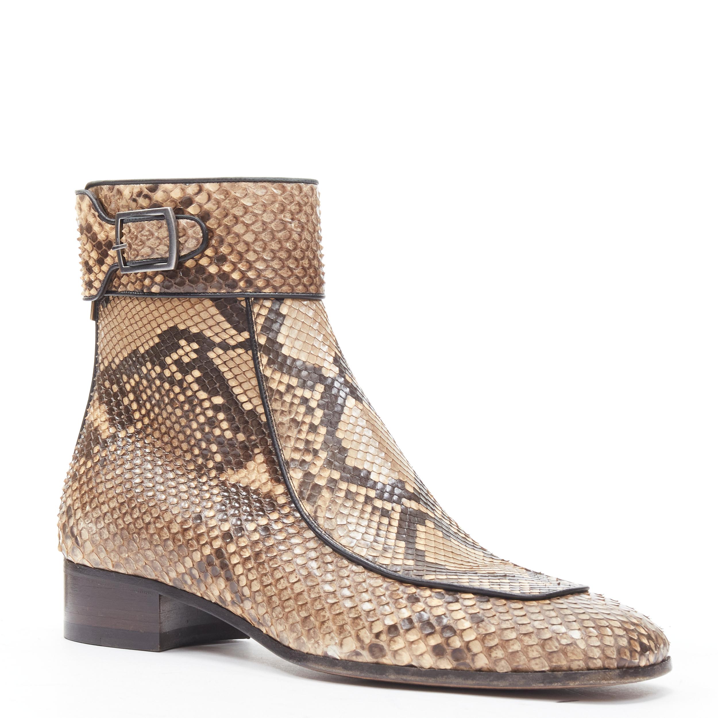 new SAINT LAURENT Miles 30 Zip python snake square toe buckle boot EU41 
Reference: TGAS/B01791 
Brand: Saint Laurent 
Collection: Fall Winter 2019 Runway 
Material: Snakeskin 
Color: Beige 
Pattern: Solid 
Closure: Zip 
Extra Detail: Intentionally