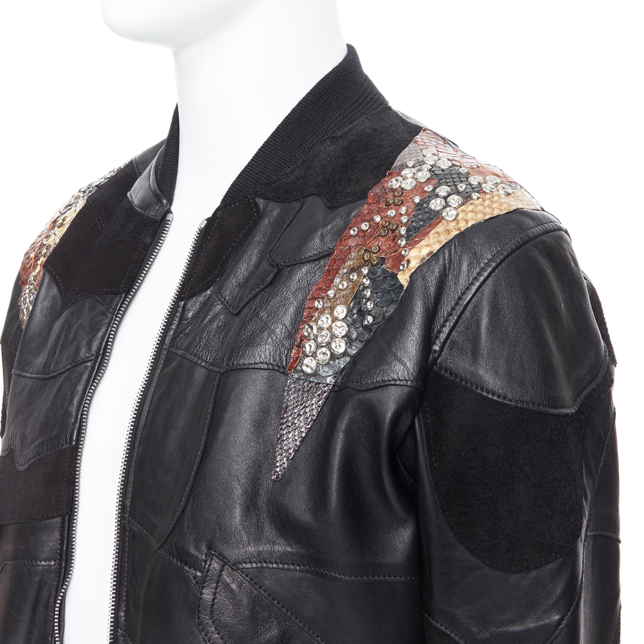 new SAINT LAURENT Runway SS18 black leather studded patchwork bomber jacket FR50
Brand: Saint Laurent
Designer: Anthony Vacarello
Collection: SS18
Model Name / Style: Leather bomber
Material: Leather
Color: Black
Pattern: Solid
Closure: Zip
Extra