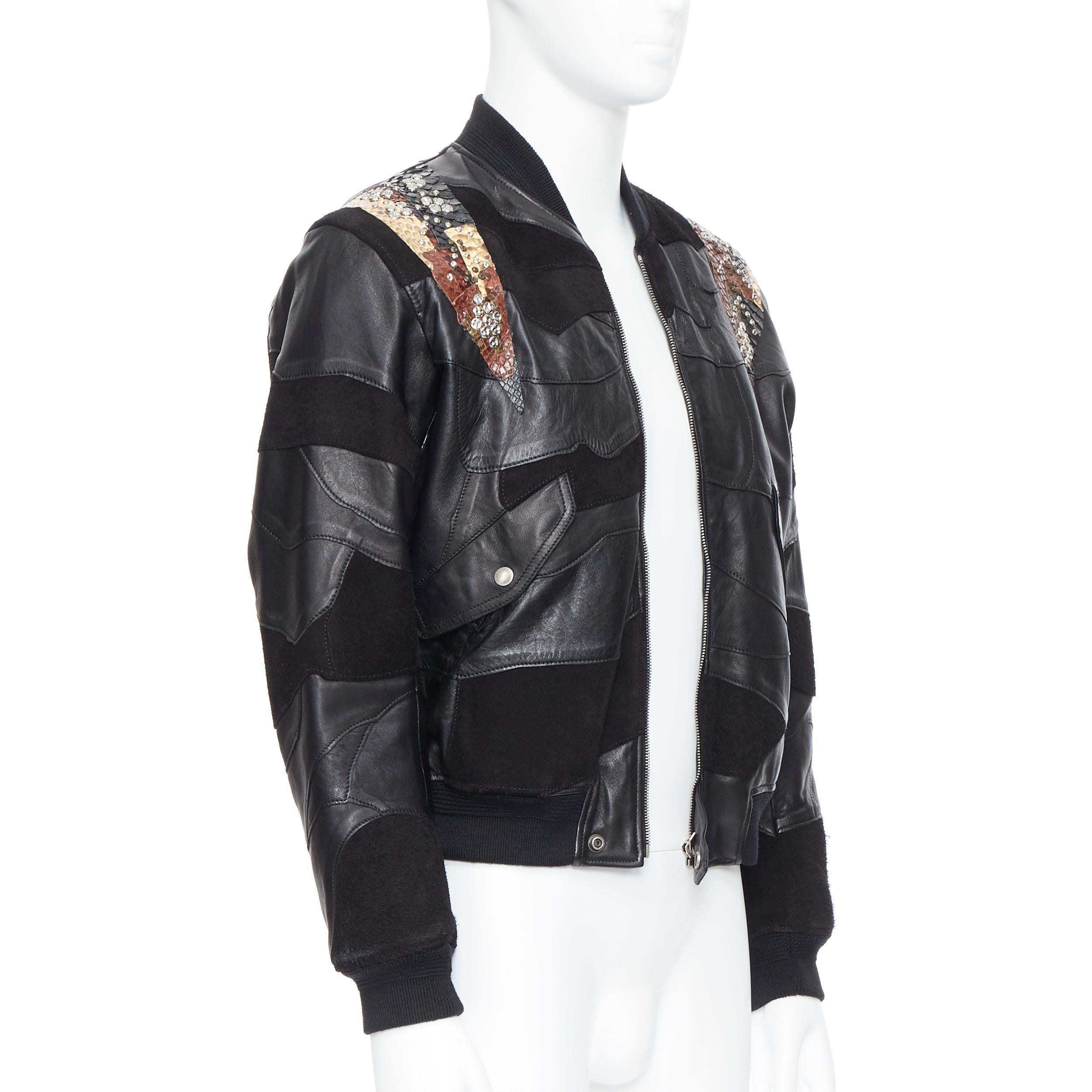 Black new SAINT LAURENT Runway SS18 black leather studded patchwork bomber jacket FR50