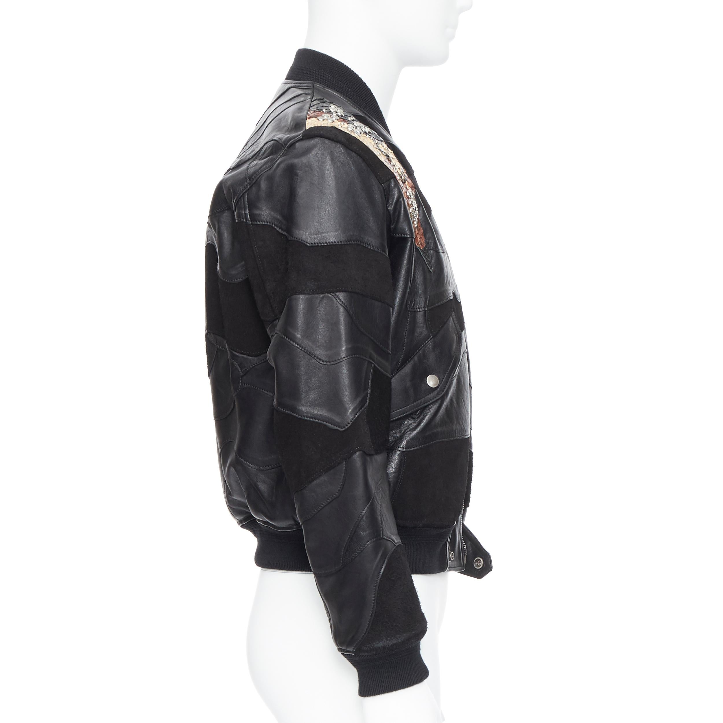 Men's new SAINT LAURENT Runway SS18 black leather studded patchwork bomber jacket FR50