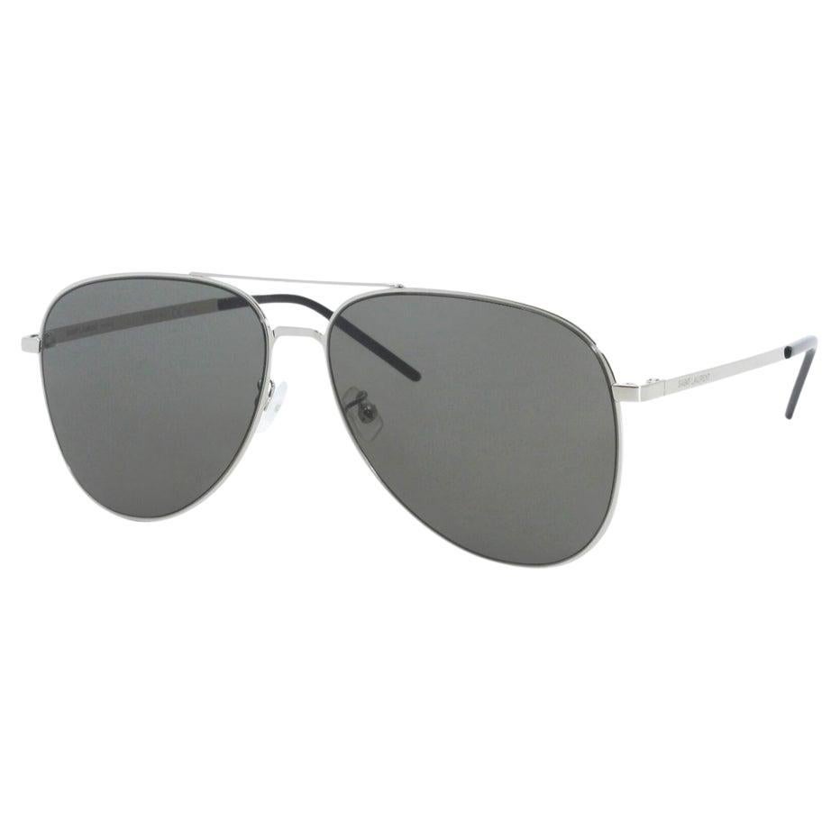 NEW Saint Laurent Silver Frame Grey Lens 60mm Aviator Sunglasses For Sale