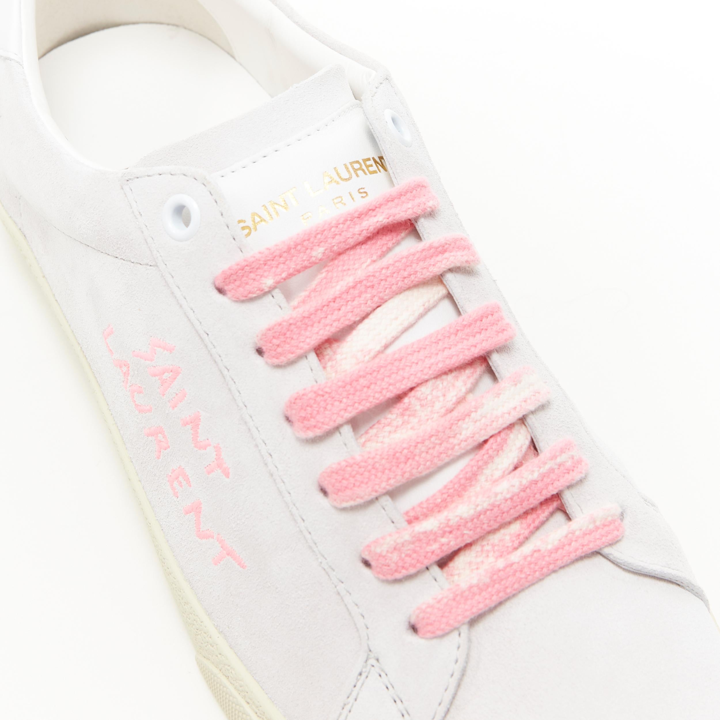 new SAINT LAURENT SL-06 grey suede pink laces logo embroidery low sneaker EU40 4