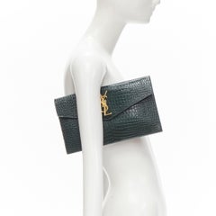 new SAINT LAURENT Uptown green croc embossed gold YSL logo envelope clutch bag