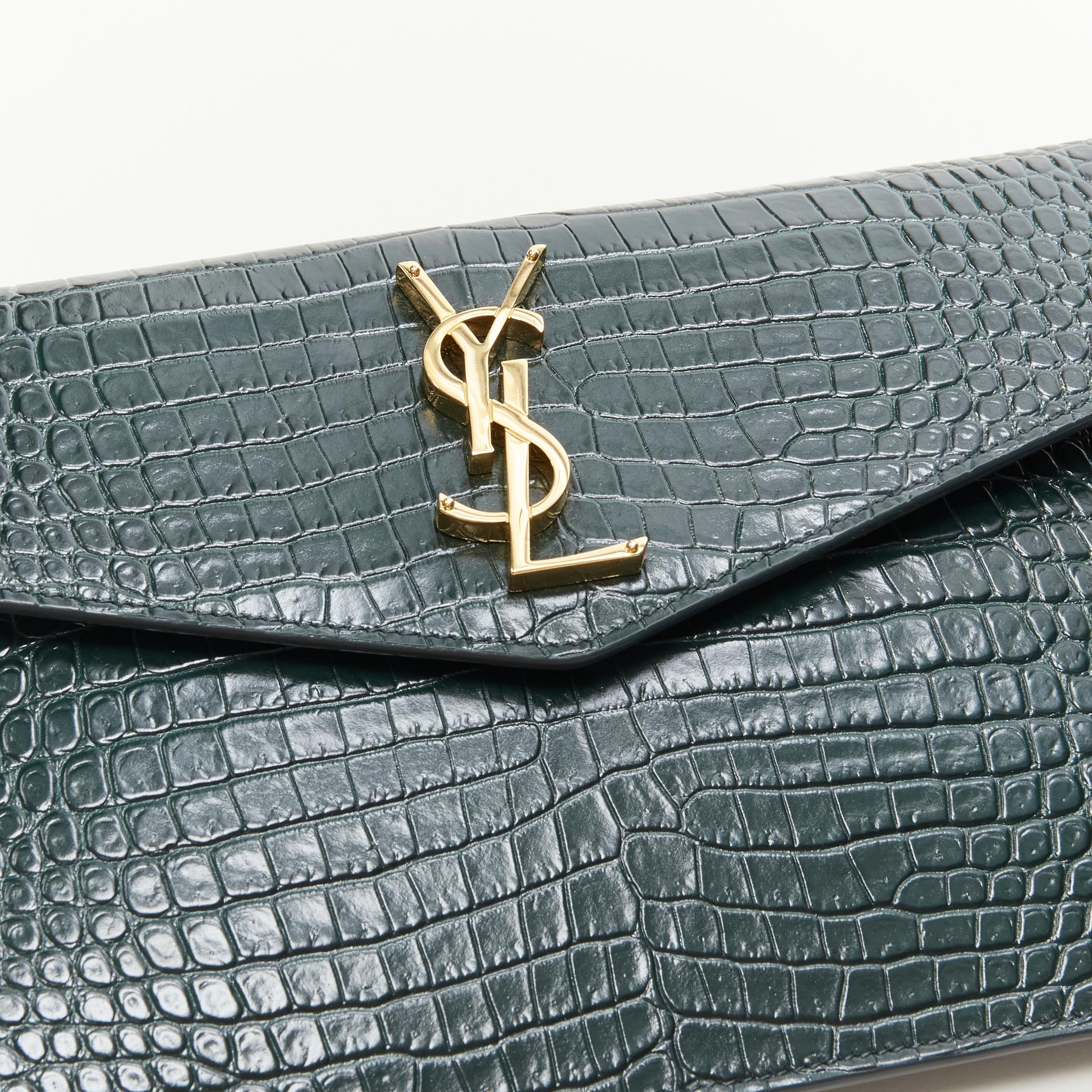 Women's new SAINT LAURENT Uptown green croc embossed gold YSL logo envelope clutch bag