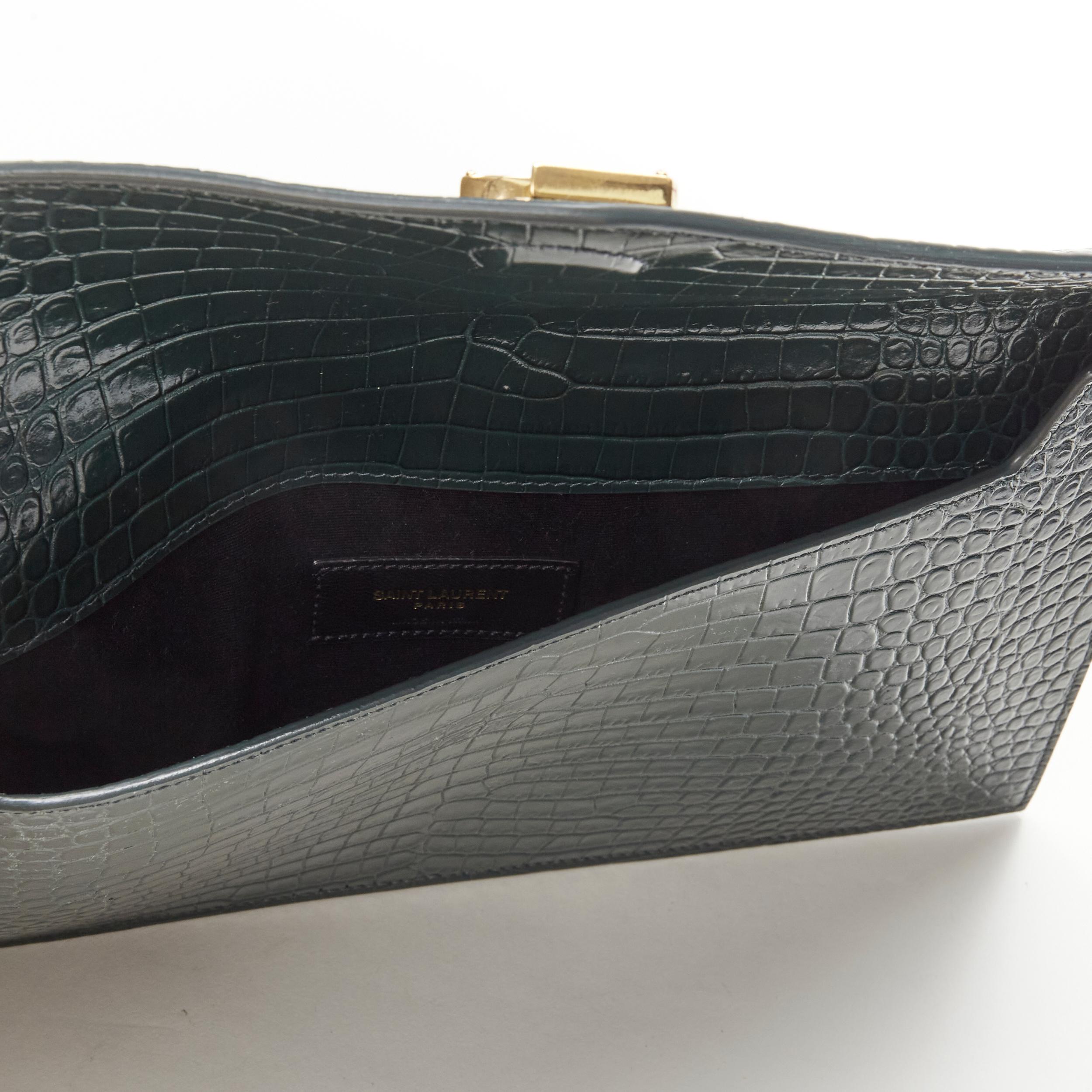 new SAINT LAURENT Uptown green croc embossed gold YSL logo envelope clutch bag 2