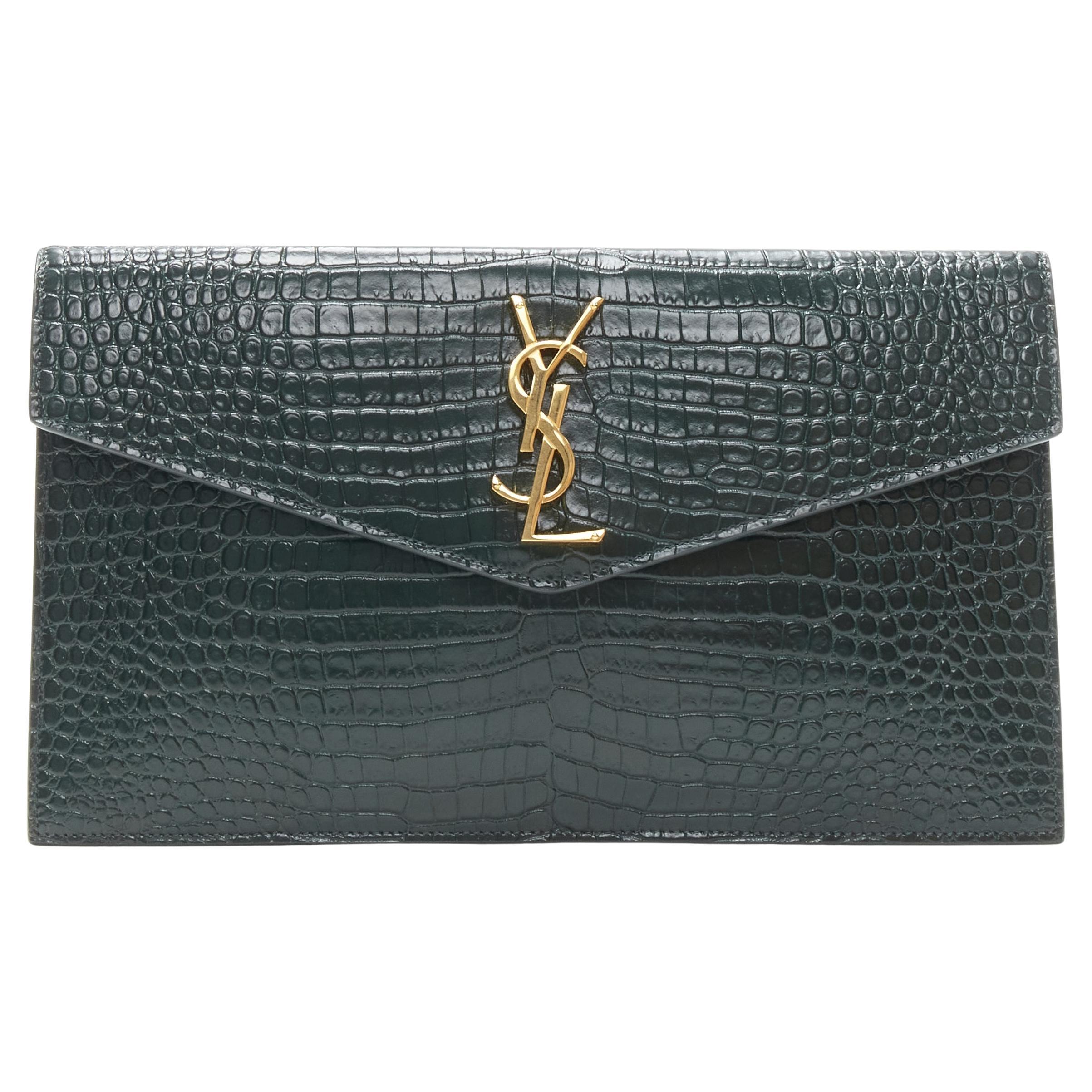 new SAINT LAURENT Uptown green croc embossed gold YSL logo envelope clutch  bag at 1stDibs