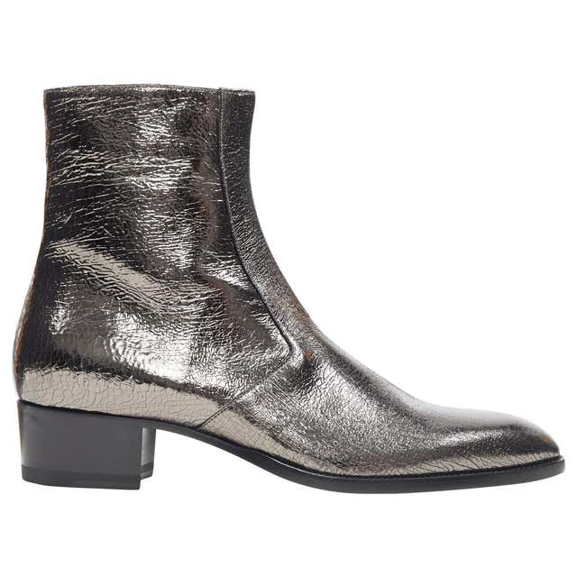 new SAINT LAURENT Wyatt 40 Metal Crack Heavy mirrored silver zip ankle boot EU43 at 1stDibs