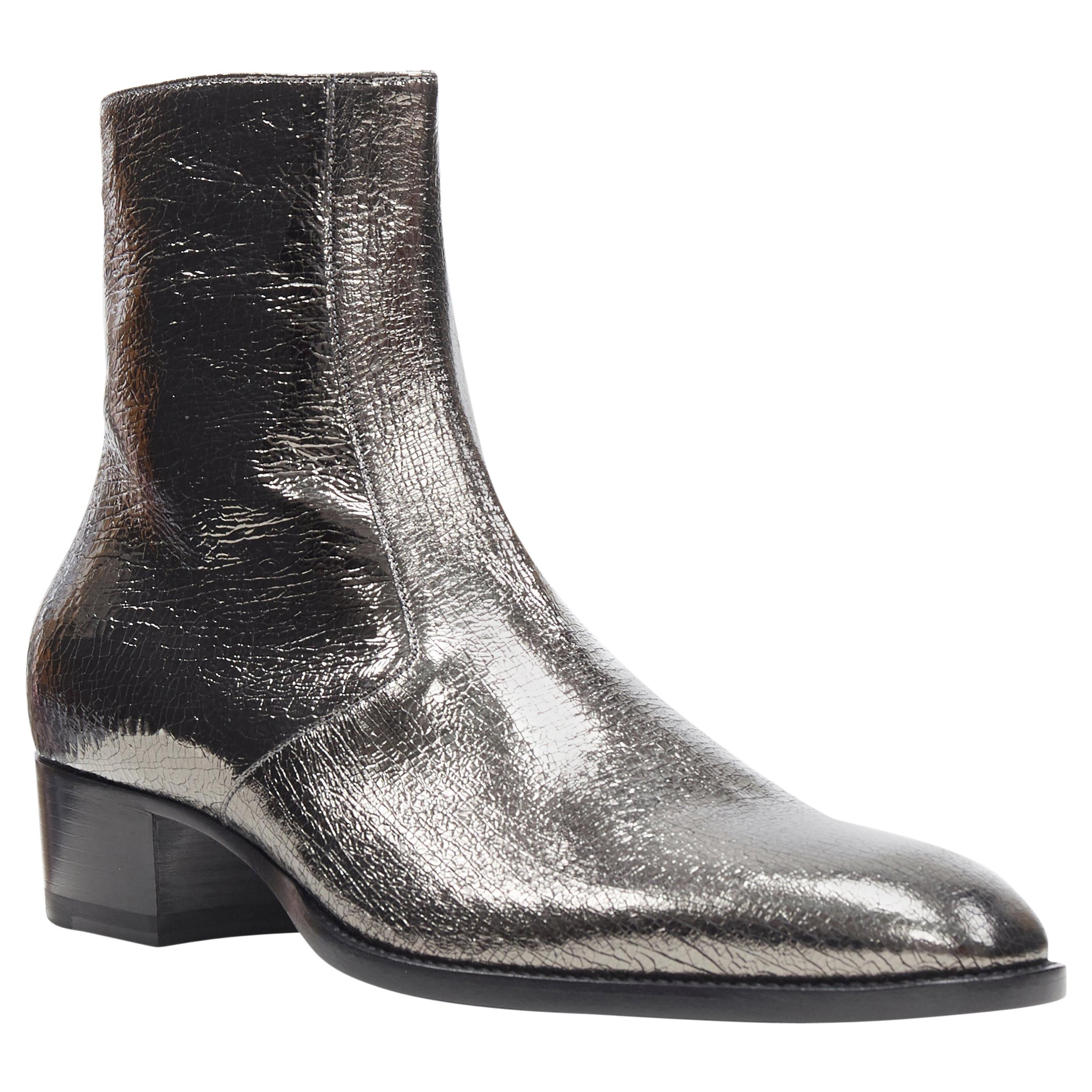 new SAINT LAURENT Wyatt 40 Metal Crack Heavy mirrored silver zip ankle boot  EU44 at 1stDibs | saint laurent silver boots