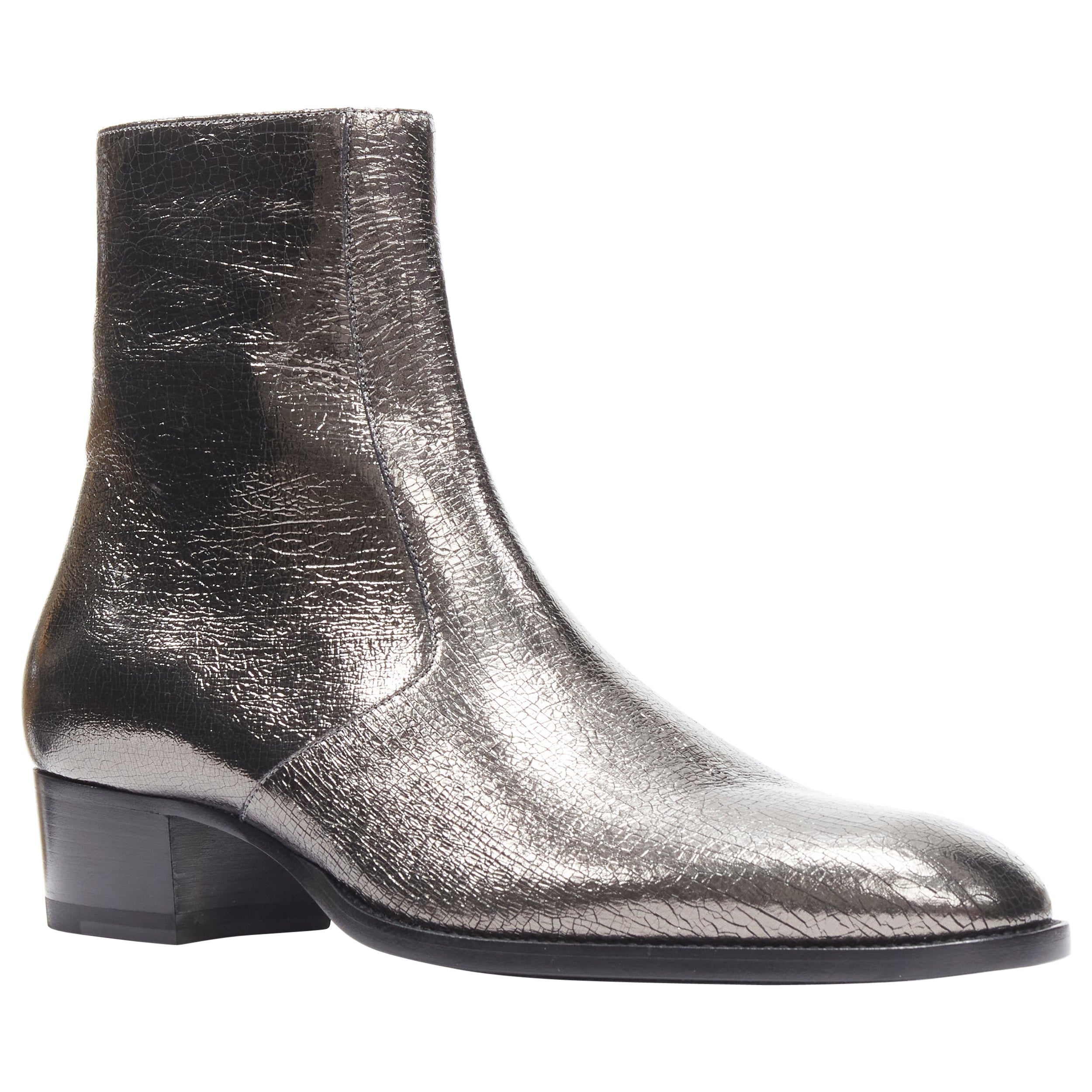 new SAINT LAURENT Wyatt 40 Zip  Metal Crack Heavy gunmetal silver boot EU44